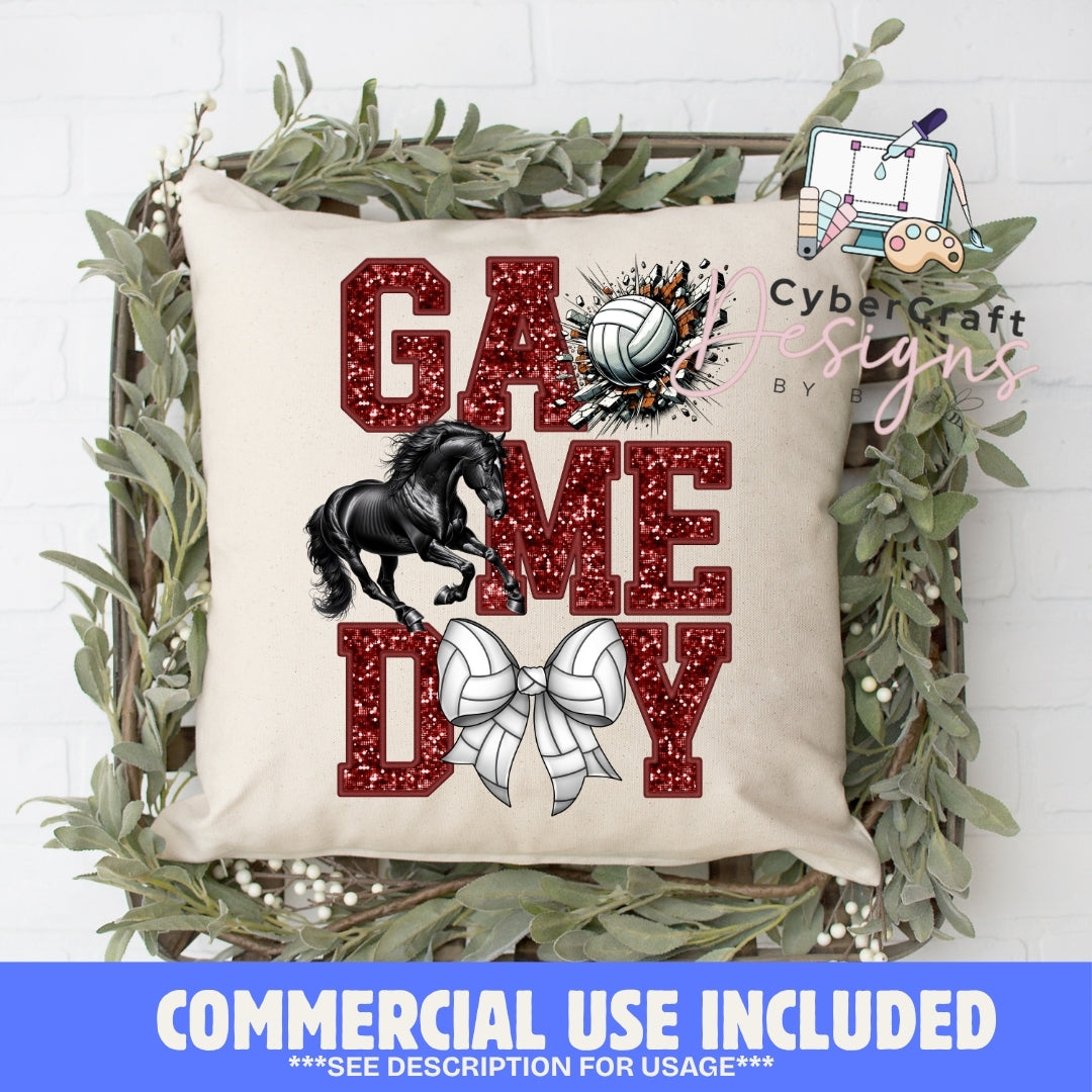 A square beige throw pillow displayed in a rustic wooden crate with green foliage, featuring a 'Game Day' graphic with a black horse, volleyball, and white ribbon. A blue banner at the bottom reads 'COMMERCIAL USE INCLUDED'.