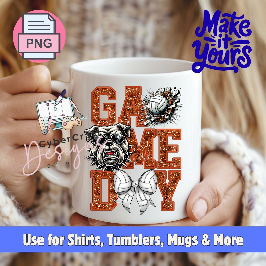 A white ceramic mug held by two hands, featuring a 'Game Day' design with glittery orange lettering, a bulldog wearing sunglasses, a volleyball, and a bow tie. The image includes promotional overlays for 'CyberCraft Designs' and a 'PNG' file format icon.