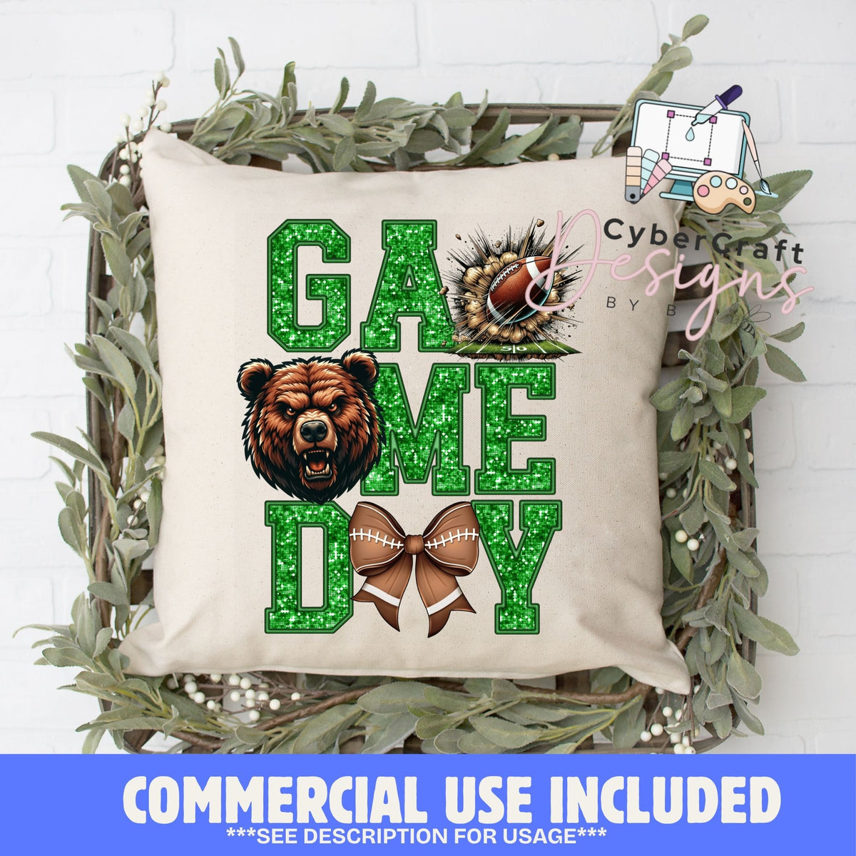 Digital PNG design displayed on a decorative pillow mockup showing one of many possible finished product applications.