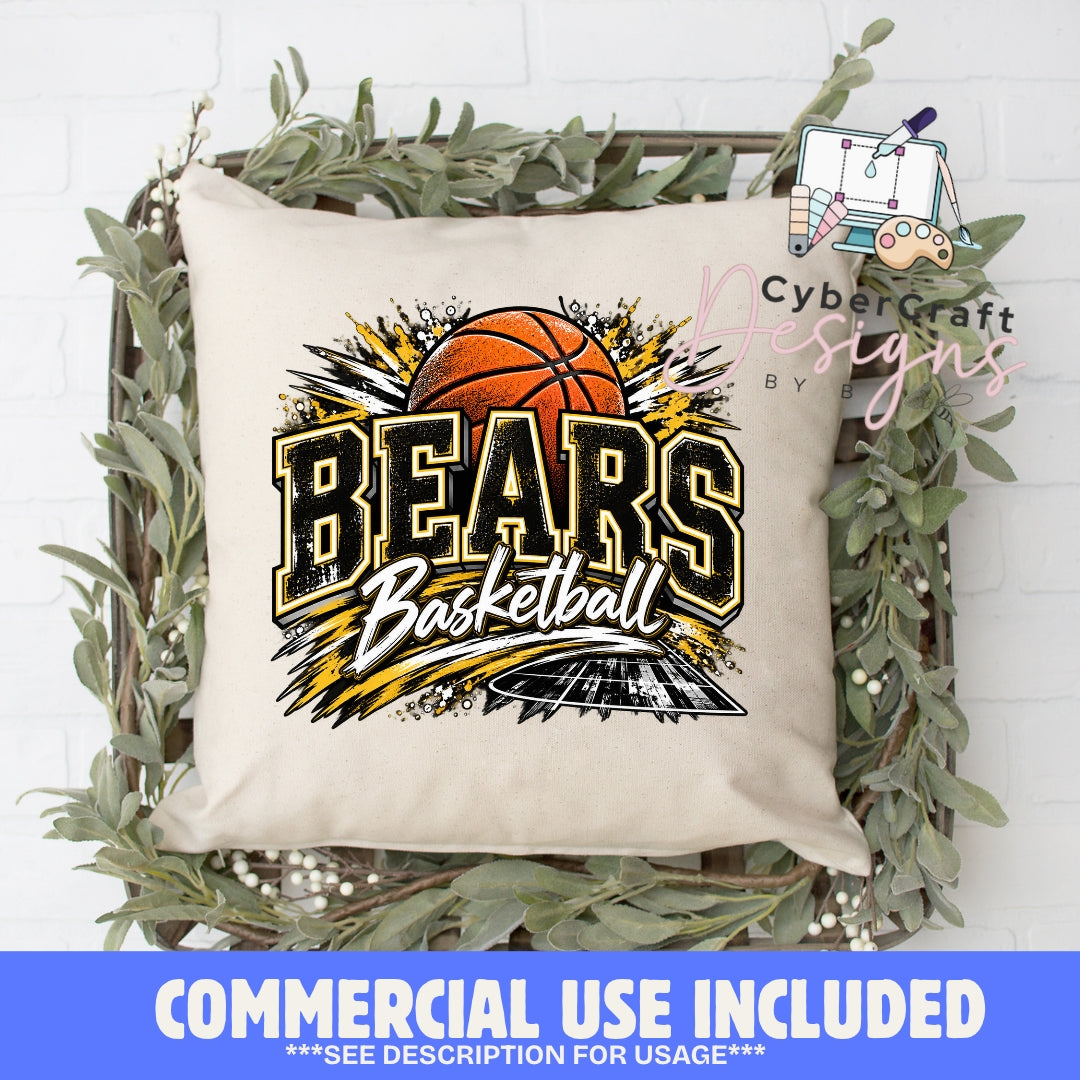 Bears Basketball black and gold digital PNG design displayed on a cream decorative pillow, featuring distressed collegiate lettering and basketball graphics. Limited commercial use included.