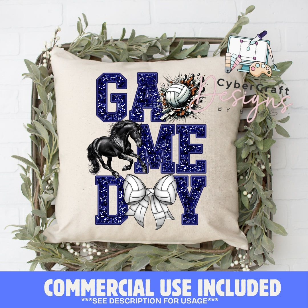 A square beige throw pillow with a navy blue and white 'GAME DAY' graphic featuring a black horse, volleyball, and bow design, displayed in a decorative wooden crate with greenery. A blue banner at the bottom reads 'COMMERCIAL USE INCLUDED'.