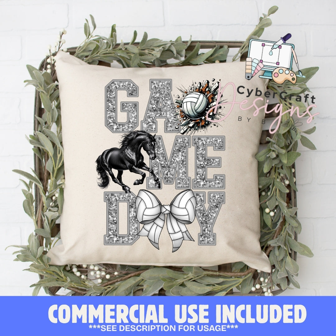 A square beige throw pillow with a 'GAME TIME' graphic featuring a black horse, volleyball, and white bow, styled in a decorative wooden crate with greenery. A blue banner at the bottom reads 'COMMERCIAL USE INCLUDED' and a 'Cybercraft designs' logo is visible on the right.