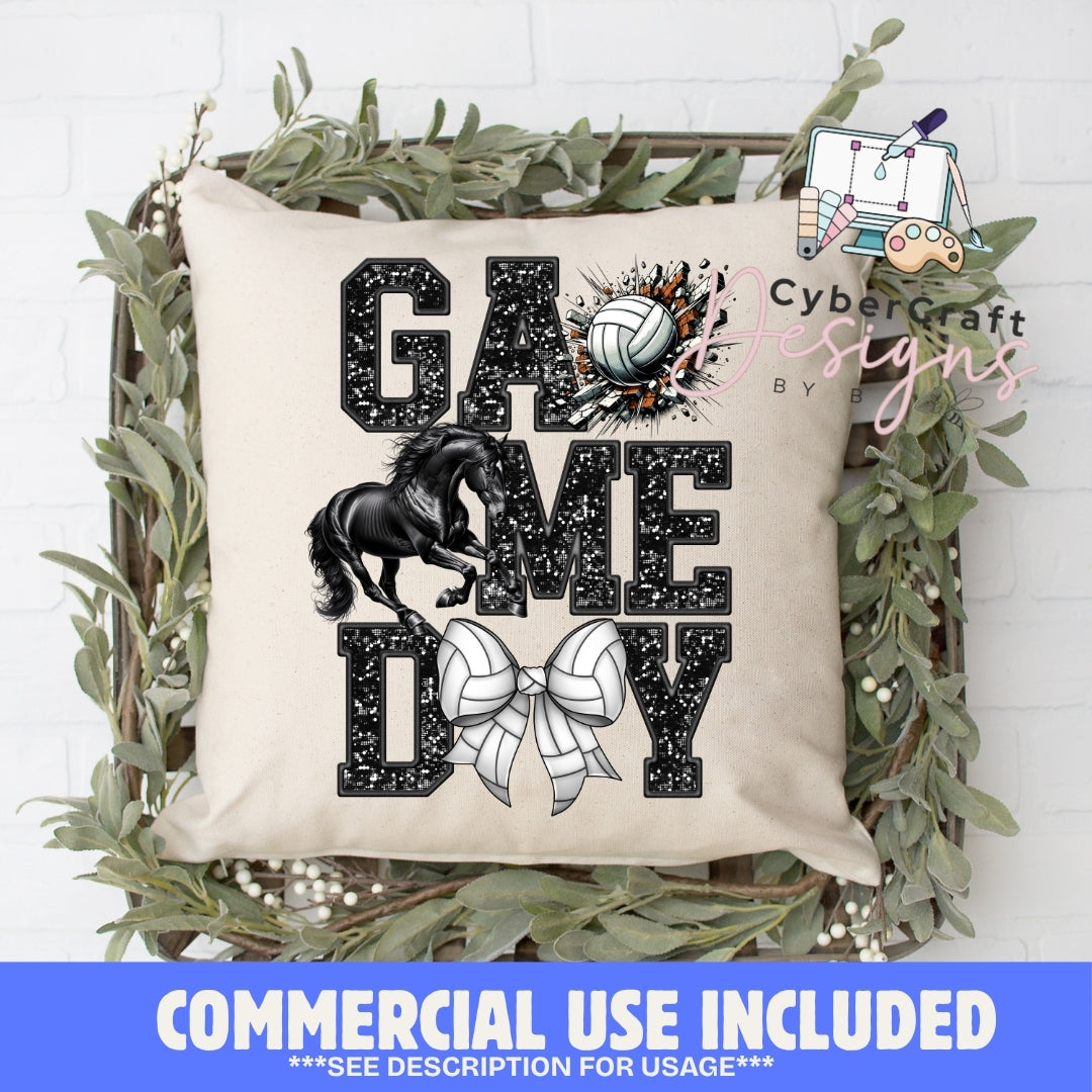 A square beige throw pillow with a black and white 'Game Day' volleyball graphic, styled in a rustic wooden basket with green foliage. A blue banner at the bottom reads 'COMMERCIAL USE INCLUDED'.