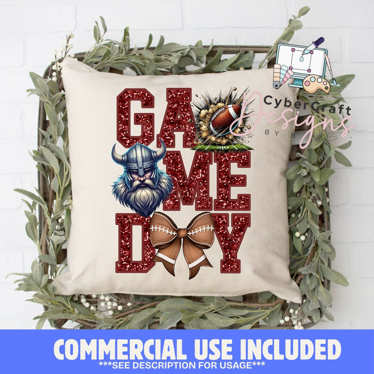 Digital PNG design displayed on a decorative pillow mockup showing one of many possible finished product applications.