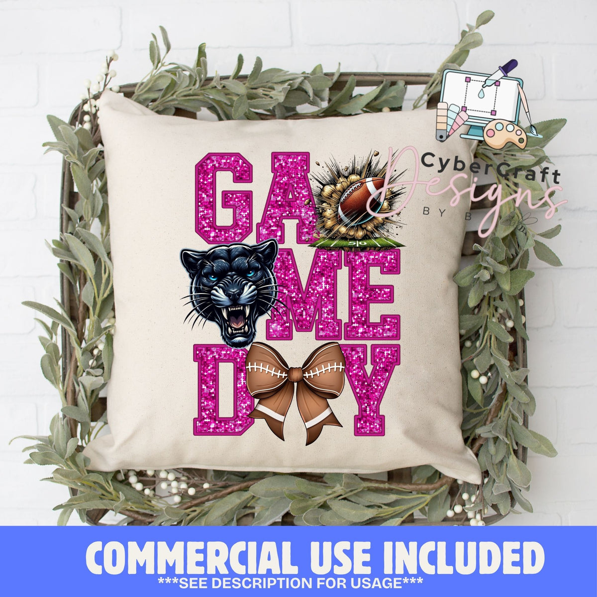 Digital PNG design displayed on a decorative pillow mockup showing one of many possible finished product applications.
