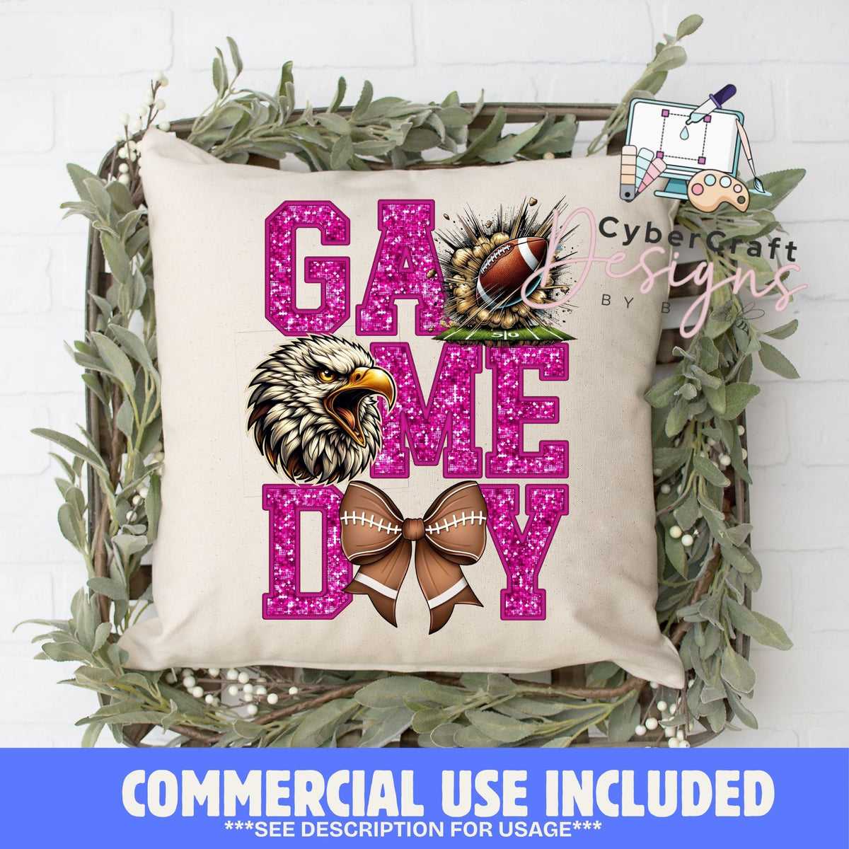 Digital PNG design displayed on a decorative pillow mockup showing one of many possible finished product applications.