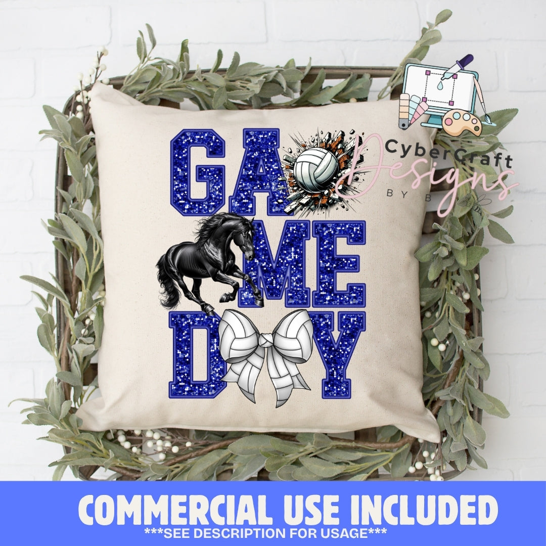 A square beige throw pillow with a 'GAME DAY' sports graphic featuring blue glitter-textured letters, a black horse, volleyballs, and a bow, displayed in a decorative green wreath on a white brick wall. A blue banner at the bottom reads 'COMMERCIAL USE INCLUDED' and a 'Cybercraft designs' logo watermark is visible on the right.