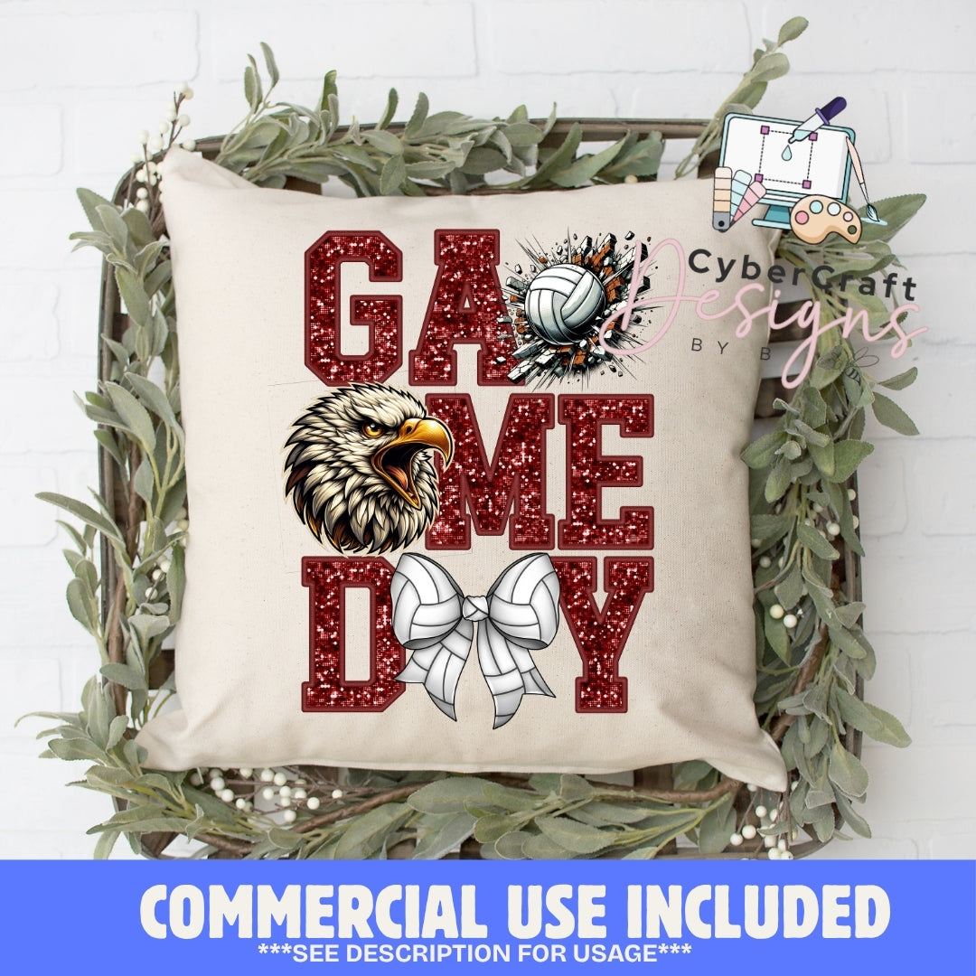 A square decorative throw pillow displayed in a rustic wooden crate with green foliage, featuring a 'GAME TIME' volleyball graphic. The text 'GAME' and 'TIME' are in a dark red glitter texture, with a volleyball replacing the 'A' in 'GAME' and a white-and-gray volleyball bow replacing the 'O'.
