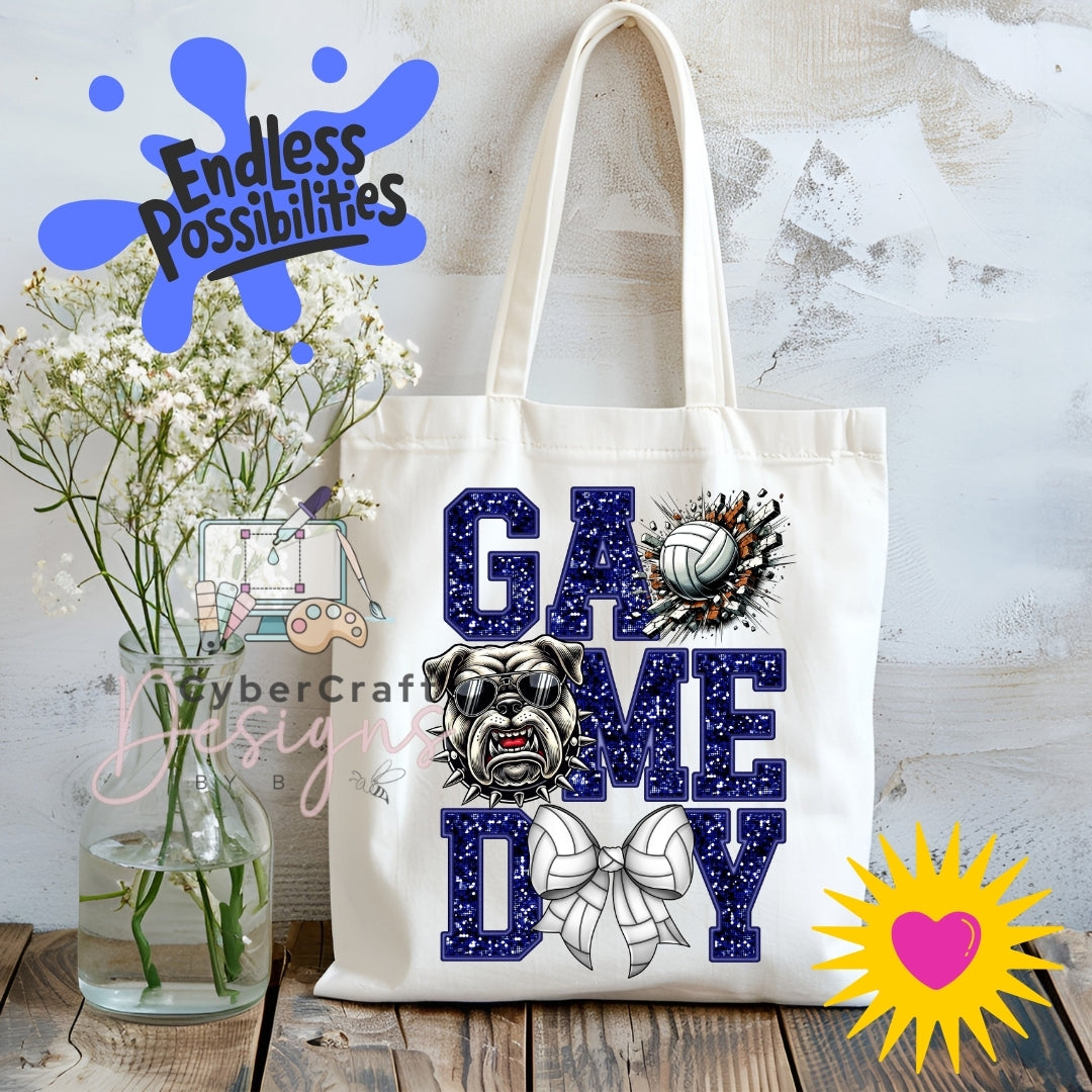 A cream canvas tote bag displayed on a rustic wooden table, featuring a 'Game Day' graphic with a bulldog, volleyball, and bow tie. The bag is styled with a vase of baby's breath and a distressed white wall background, with digital overlays including 'Endless Possibilities' and 'CyberCraft Designs'.