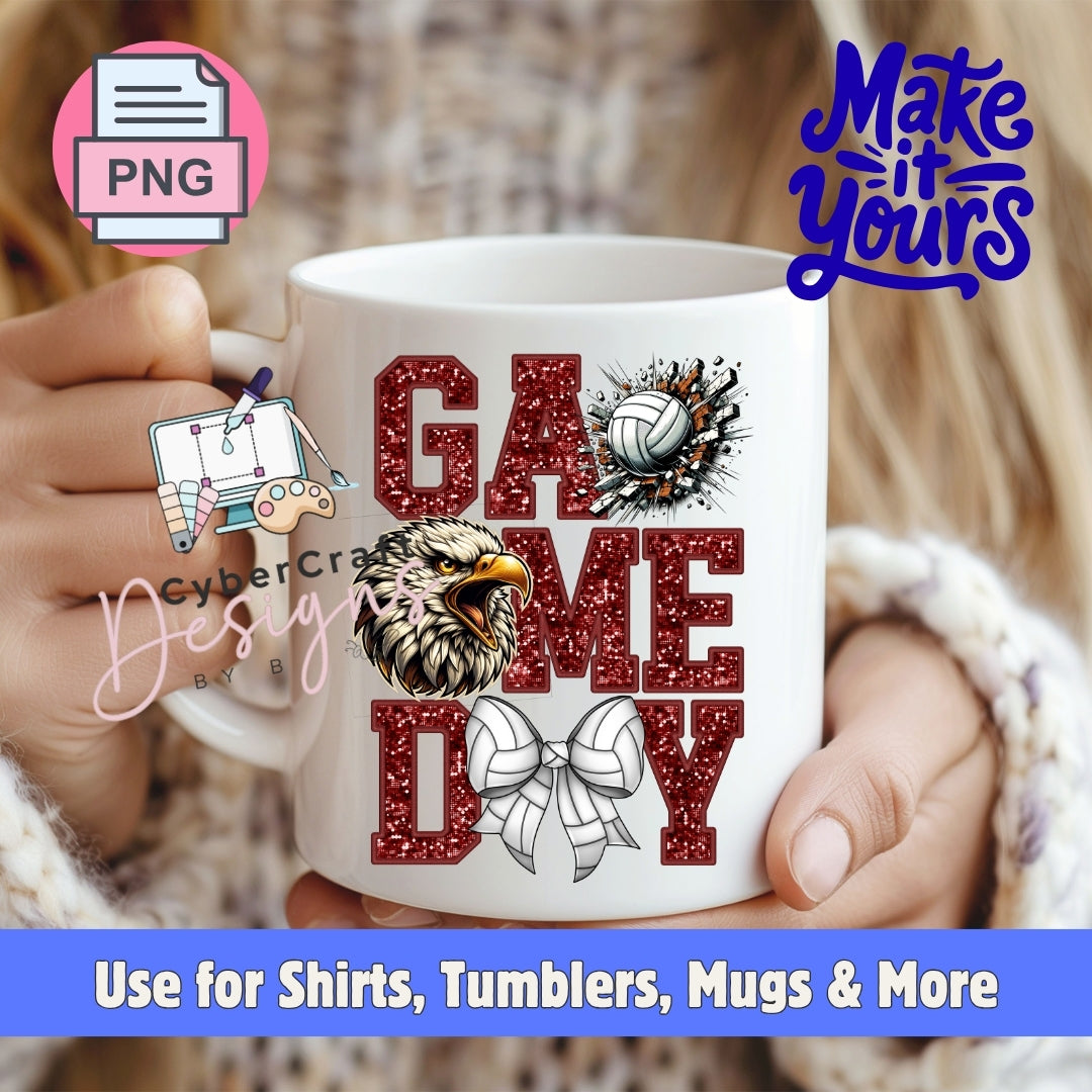 A white ceramic mug held by two hands, featuring a 'GAME GAME DAY' design with a glittery red font, a bald eagle illustration, a volleyball, and a white bow. The background shows a person in a knit sweater, with promotional text overlays.