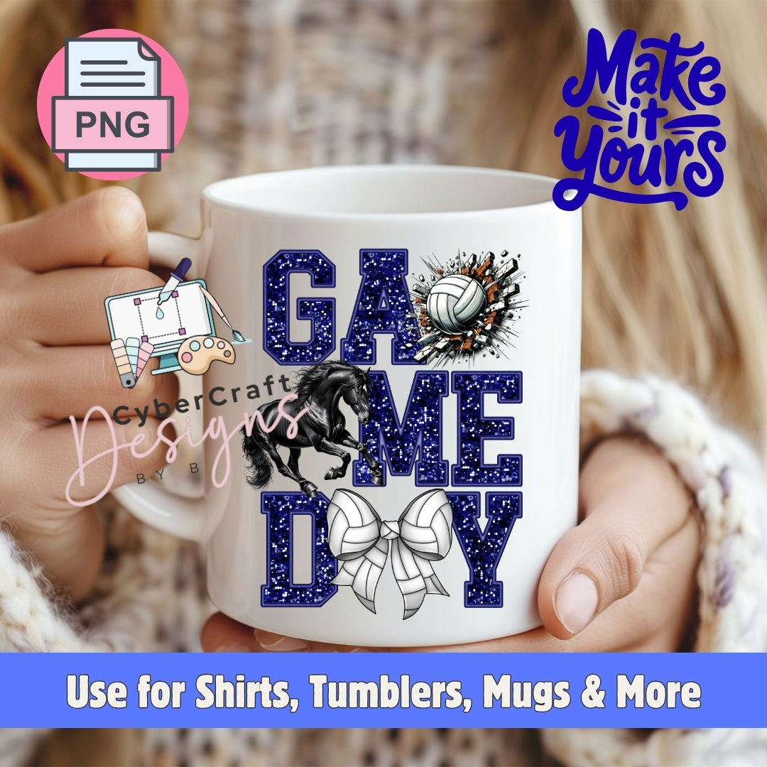 A white ceramic mug held by two hands, featuring a 'Game Day' design with blue glitter-style letters, a black horse silhouette, a white volleyball, and a white bow. The background shows a blurred indoor setting with a person wearing a knit sweater.