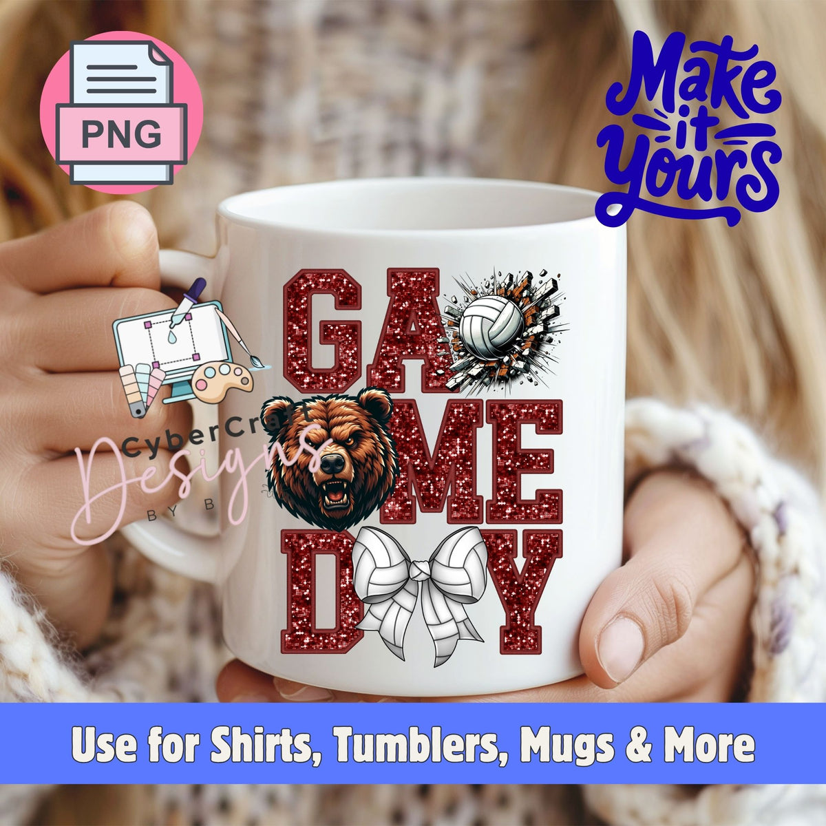 A white ceramic mug held by two hands, featuring a 'Game Day' design with glittery red letters, a brown bear mascot, a volleyball, and a white bow. The image includes promotional overlays for 'CyberCraft Designs' and a 'PNG' format badge.