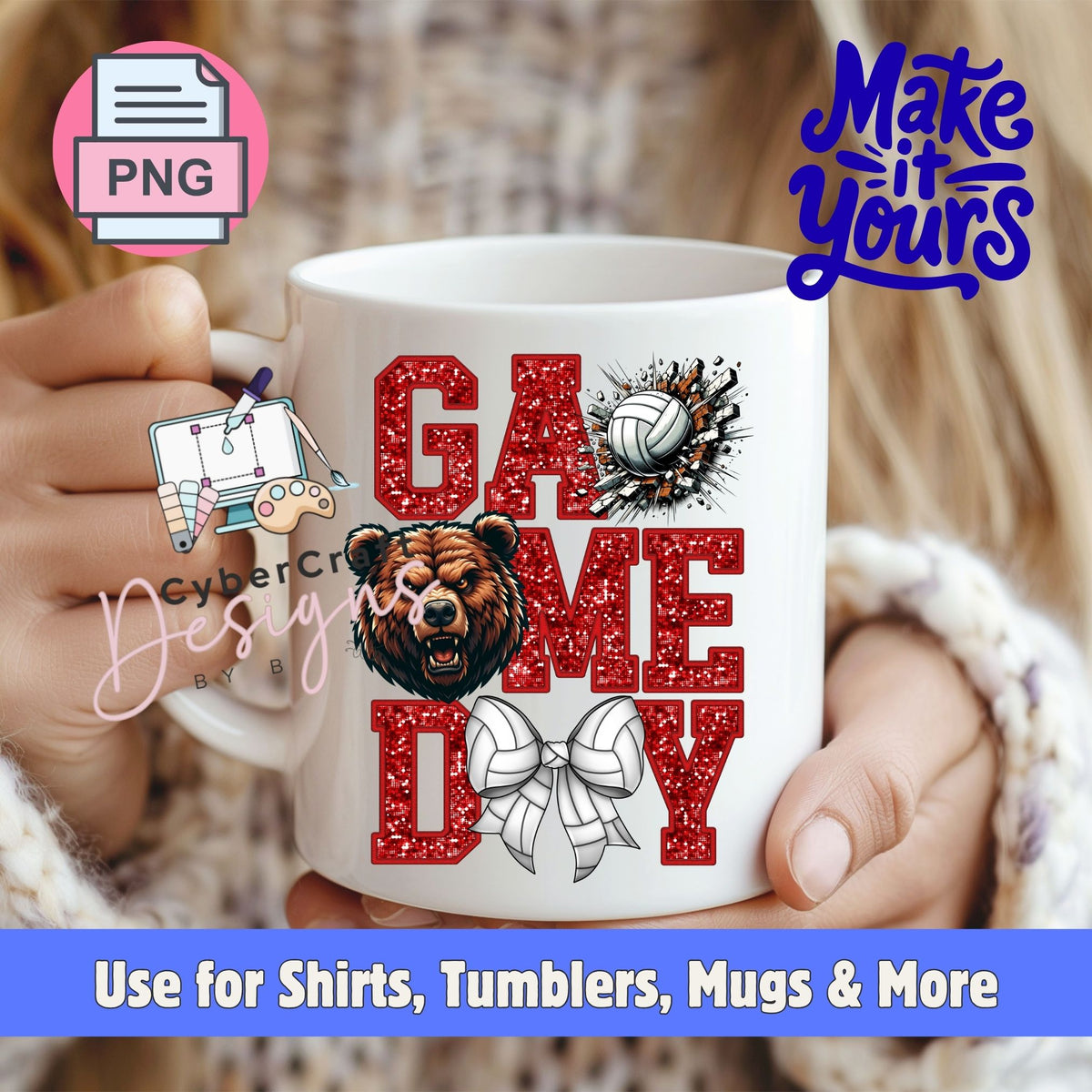 A white ceramic mug held by two hands, featuring a 'Game Day' design with a red glitter-textured bear, a white volleyball, and a white bow. The background shows a person wearing a beige knit sweater, with promotional text overlays.