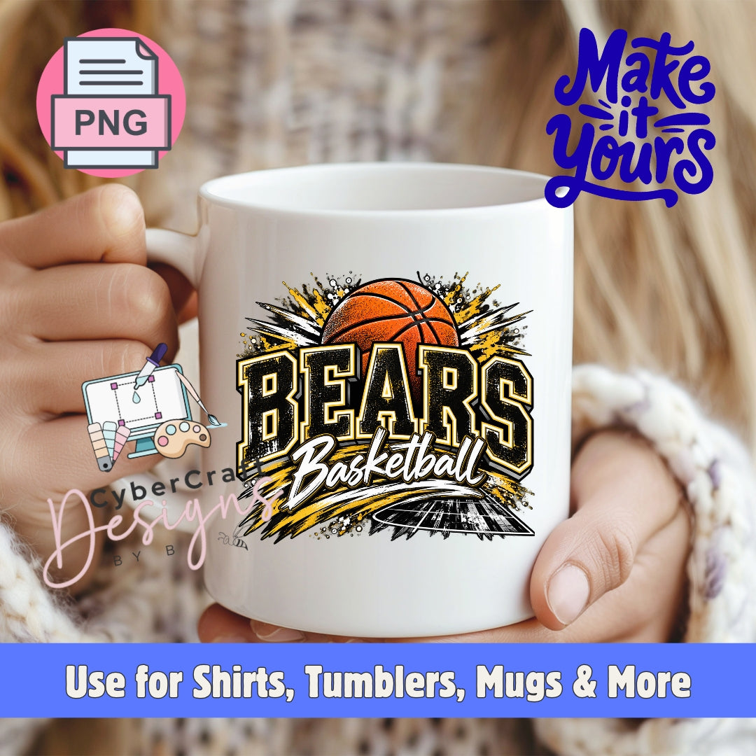 Bears Basketball black and gold sports PNG design displayed on a white coffee mug, featuring bold collegiate lettering, an orange basketball, and distressed game day graphics.