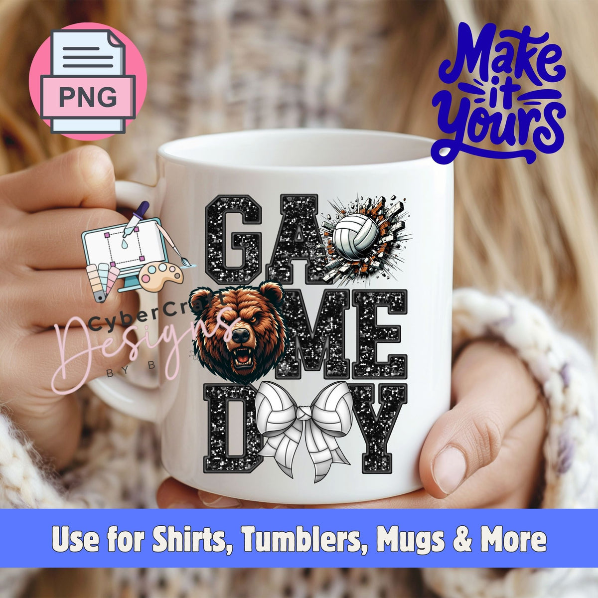 A white ceramic mug held by two hands, featuring a black glitter-style 'GAME DAY' design with a brown bear head, a white volleyball, and a white bow. The background shows a blurred person wearing a knit sweater.