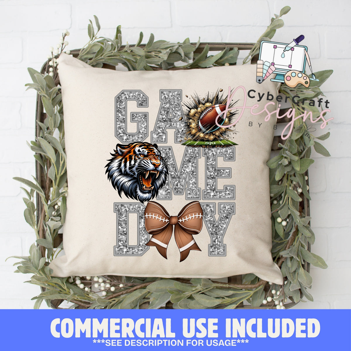 Digital PNG design displayed on a decorative pillow mockup showing one of many possible finished product applications.