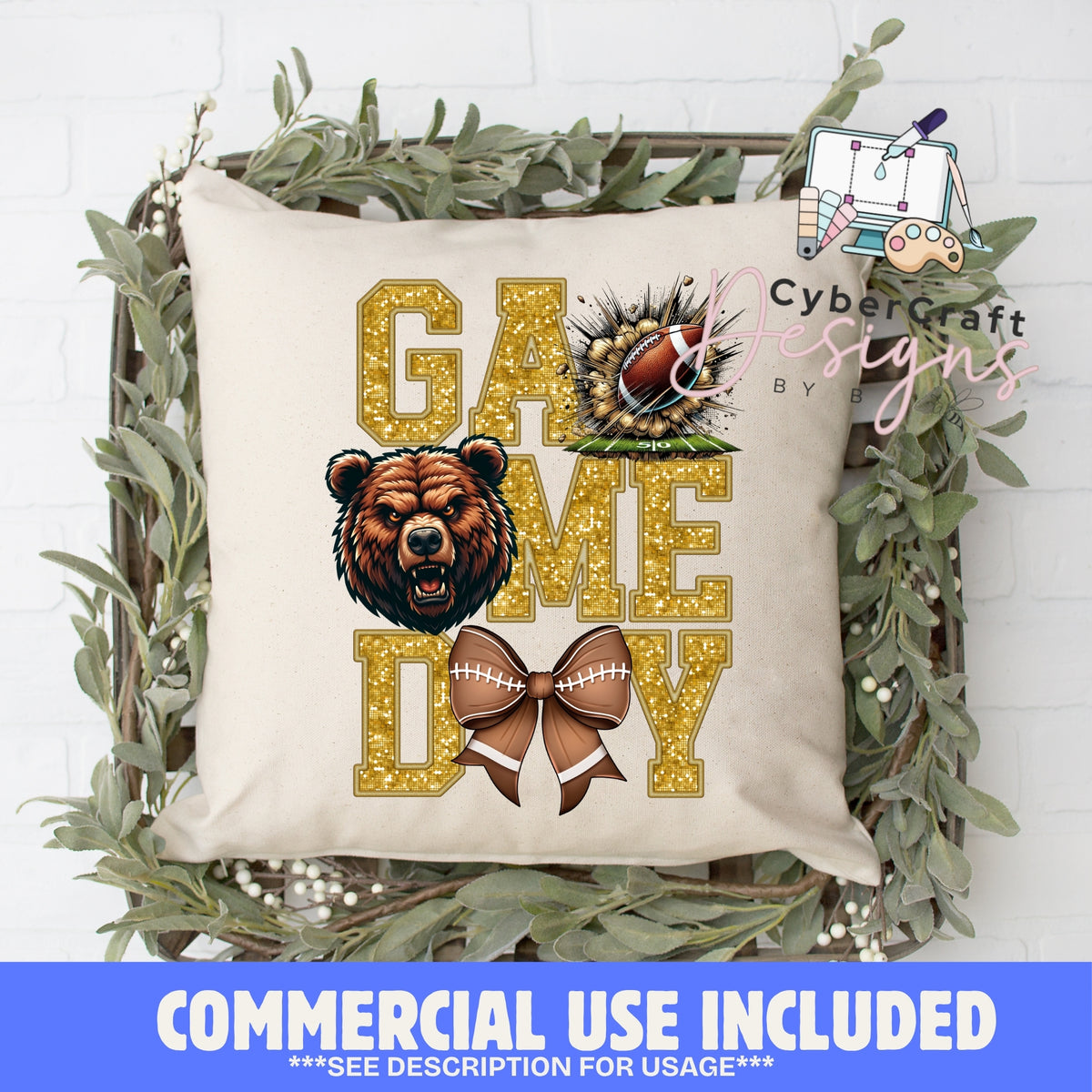 Digital PNG design displayed on a decorative pillow mockup showing one of many possible finished product applications.