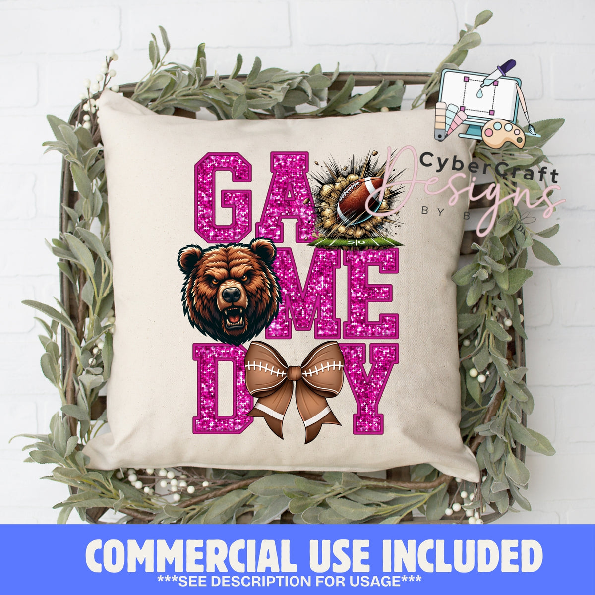 Digital PNG design displayed on a decorative pillow mockup showing one of many possible finished product applications.