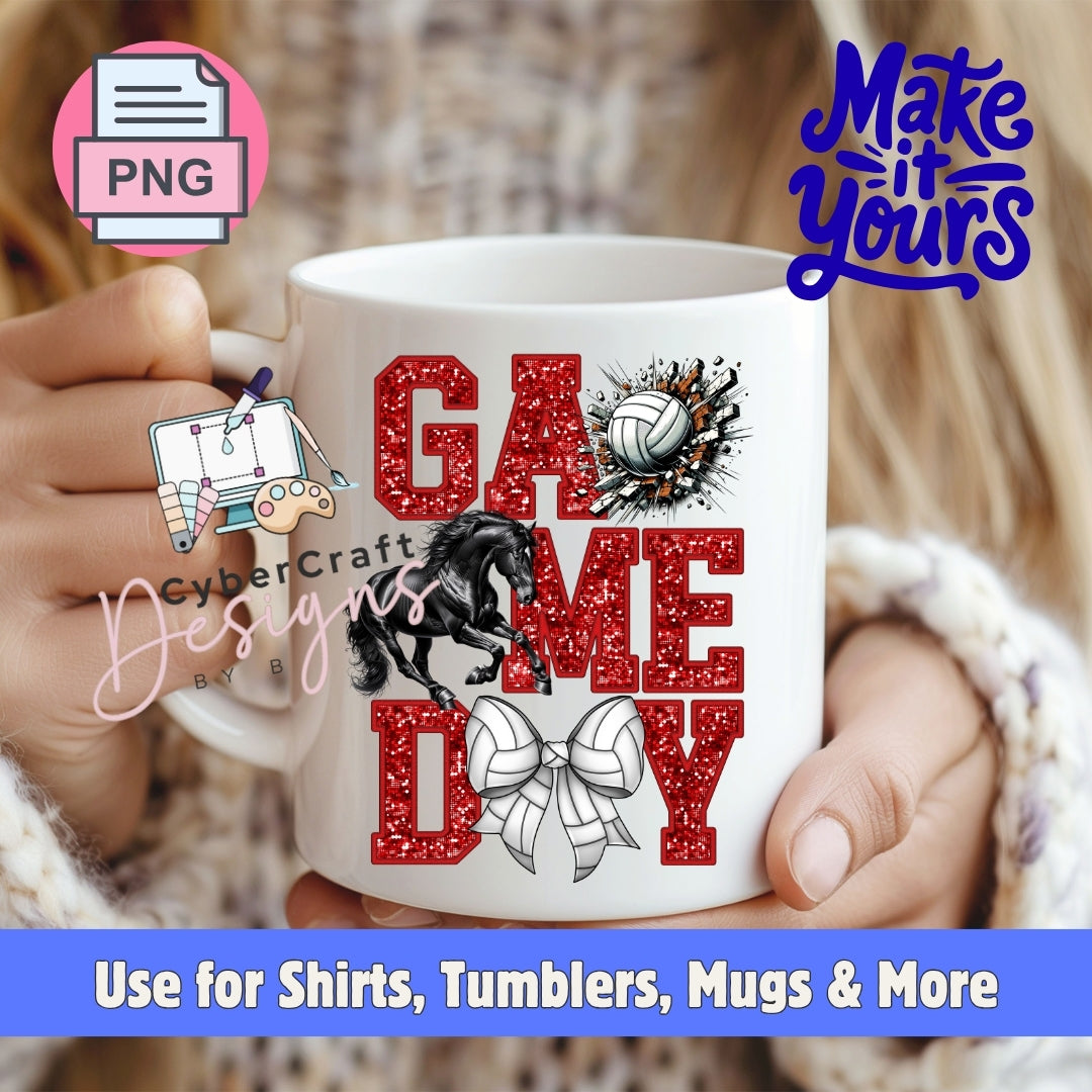 A white ceramic mug held by two hands, featuring a red glitter-style 'GAME DAY' design with a black horse, white volleyball, and white bow graphic. The image includes promotional overlays for 'CyberCraft Designs' and 'Make it Yours'.
