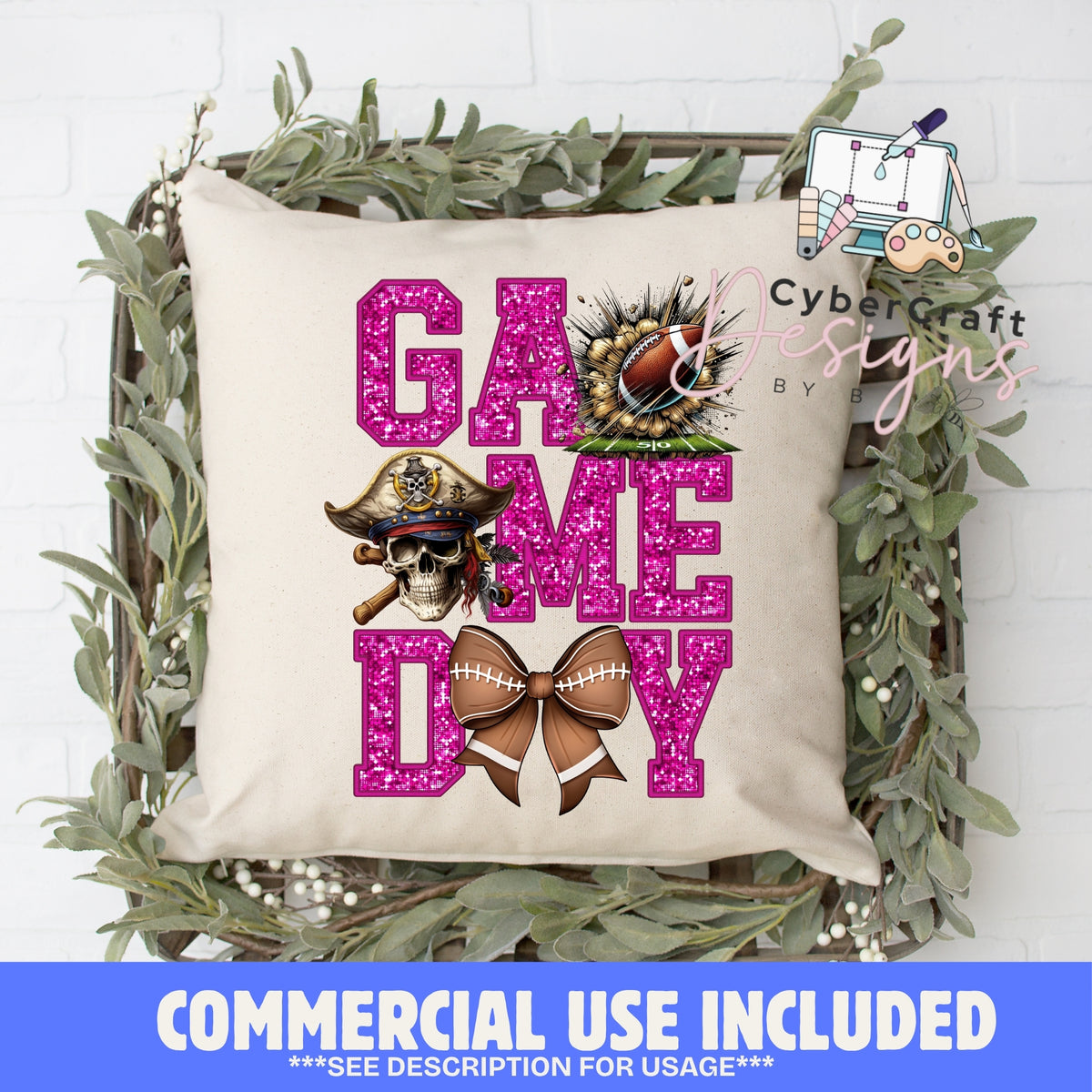 Digital PNG design displayed on a decorative pillow mockup showing one of many possible finished product applications.