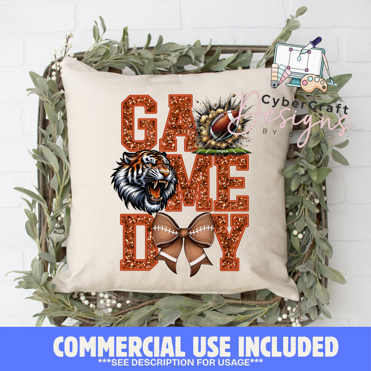 Digital PNG design displayed on a decorative pillow mockup showing one of many possible finished product applications.