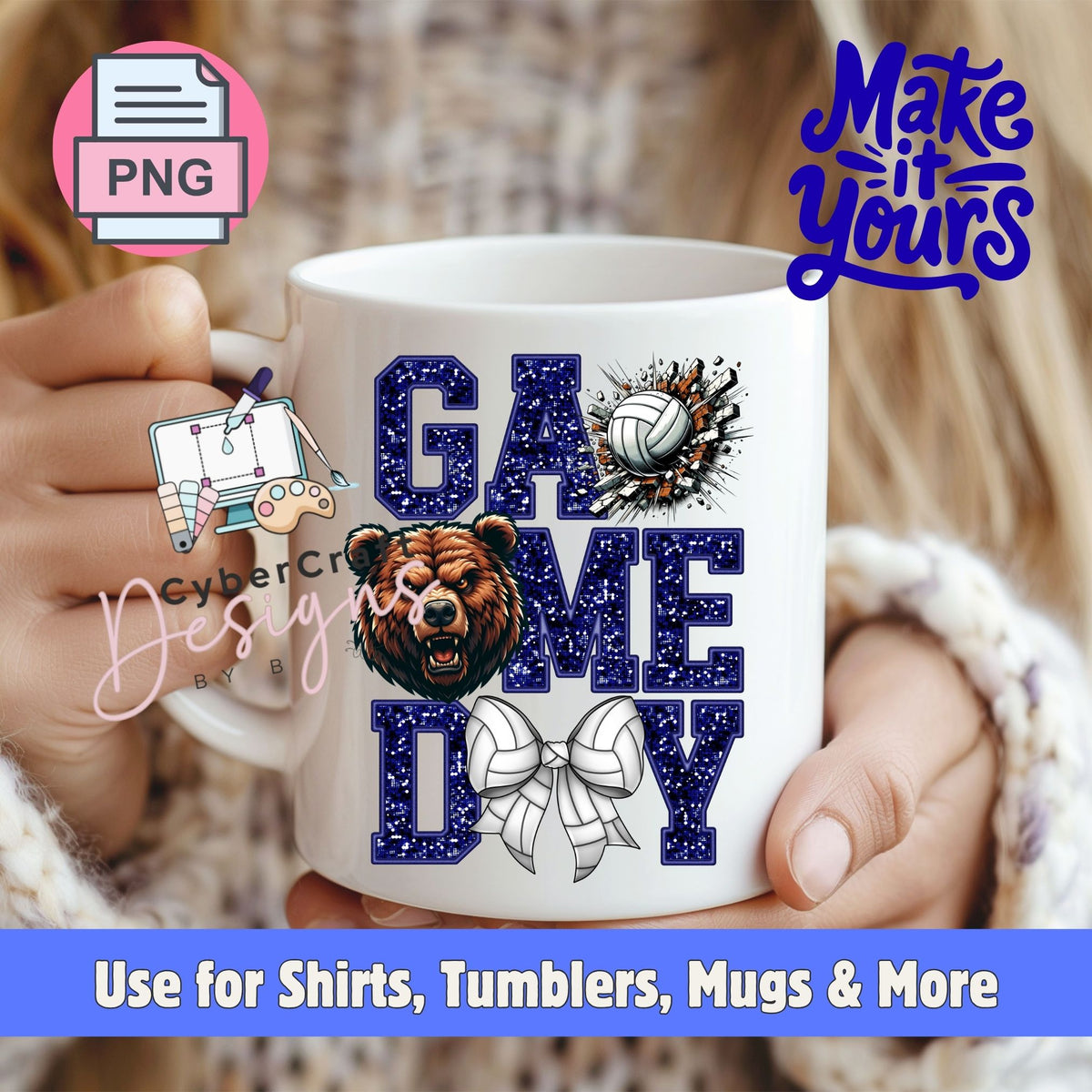 A white ceramic mug held by two hands, featuring a 'Game Day' design with a brown bear, volleyball, bow tie, and sports equipment graphics. The background shows a person's hair and sweater, with promotional text overlays.