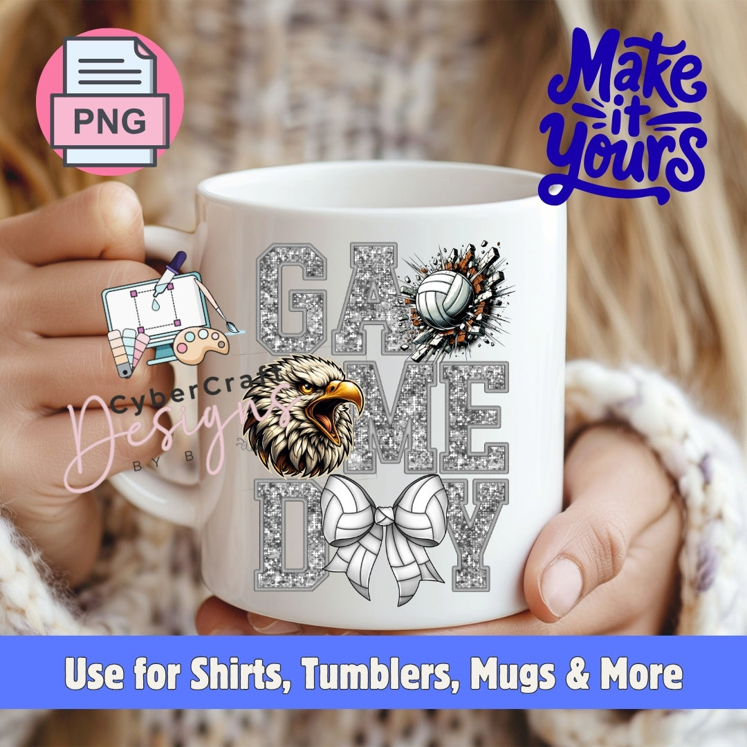 A white ceramic mug held by two hands, featuring a 'Game Day' design with glitter-textured letters, a bald eagle head, a volleyball, and a bow tie. The image includes promotional overlays for 'PNG' and 'Make it Yours' with a blue banner at the bottom.