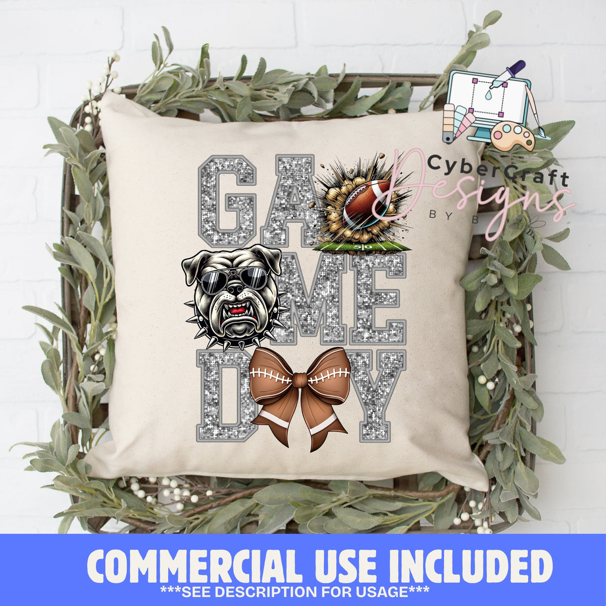 Digital PNG design displayed on a decorative pillow mockup showing one of many possible finished product applications.