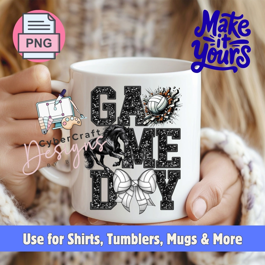A white ceramic mug held by two hands, featuring a black glitter-style 'GAME DAY' design with a black horse silhouette, white volleyball, and white bow graphic. The image includes promotional overlays for 'CyberCraft Designs' and 'Make it Yours'.