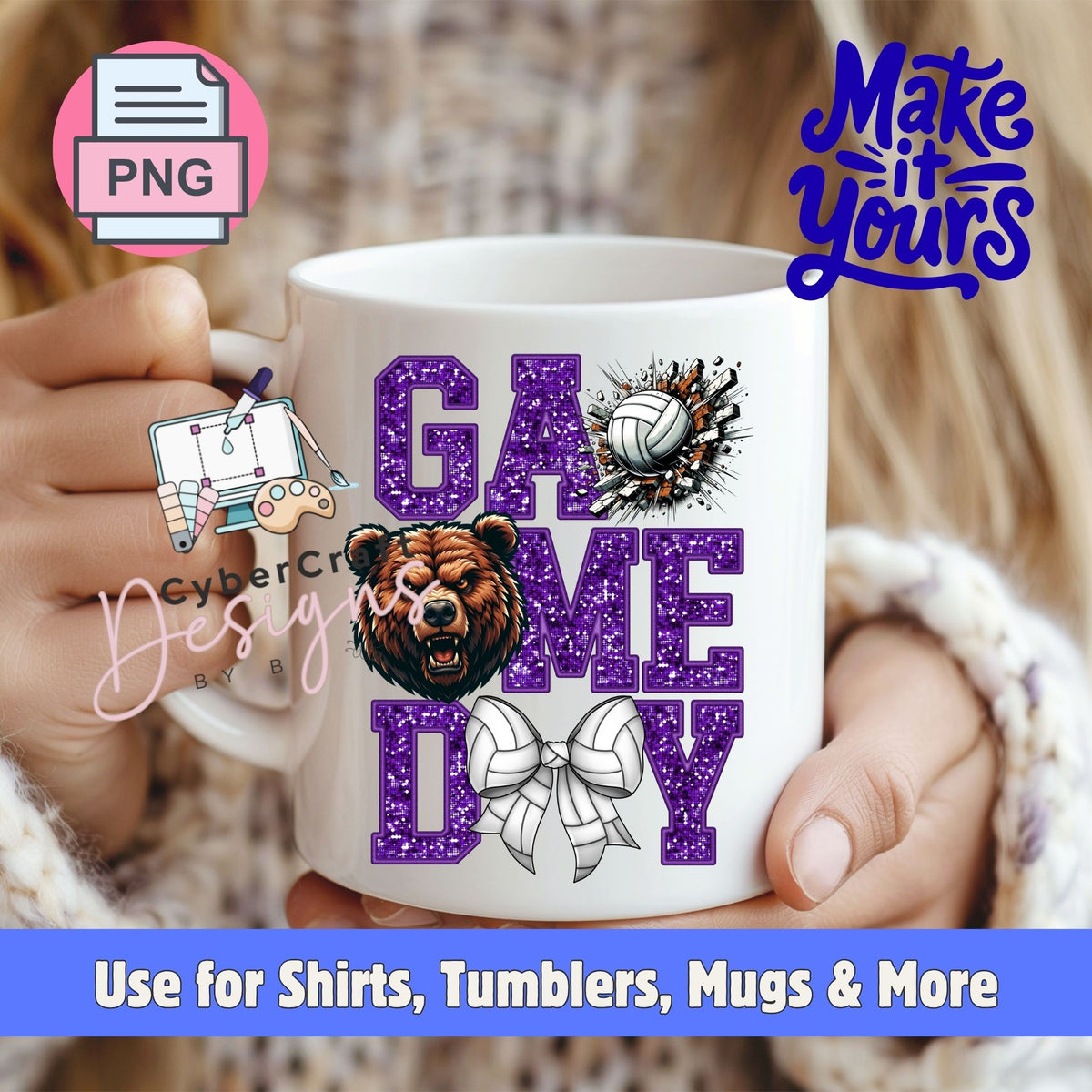 A white ceramic mug held by two hands, featuring a purple glitter-style 'GAME DAY' design with a brown bear face, a white volleyball, and a white bow. The background shows a blurred indoor setting with a person wearing a knit sweater.