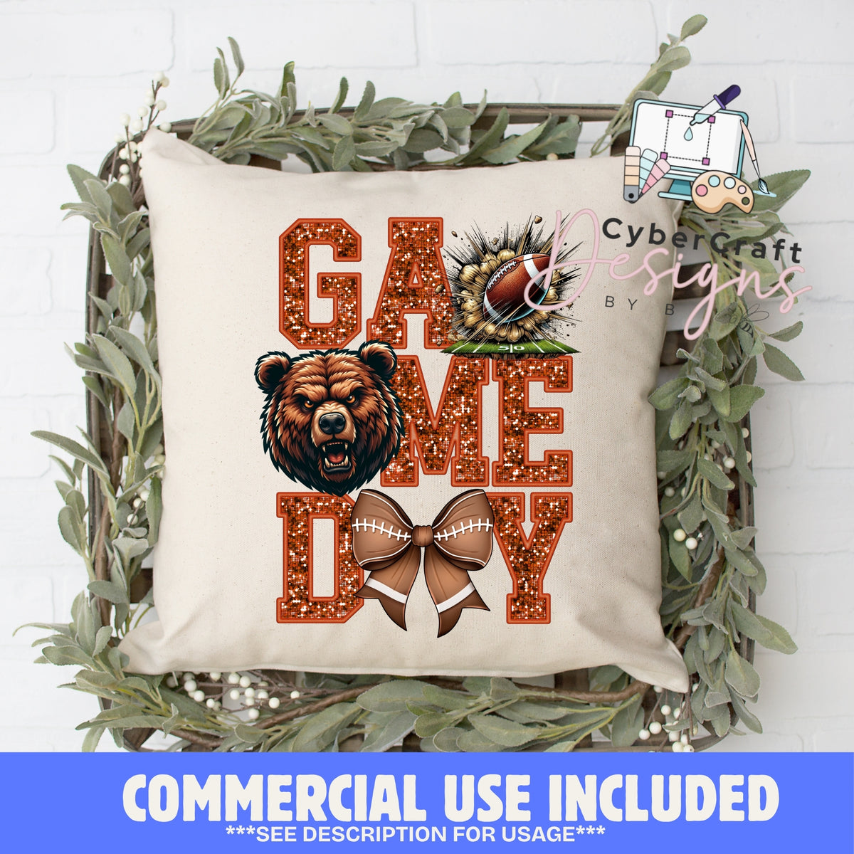 Digital PNG design displayed on a decorative pillow mockup showing one of many possible finished product applications.