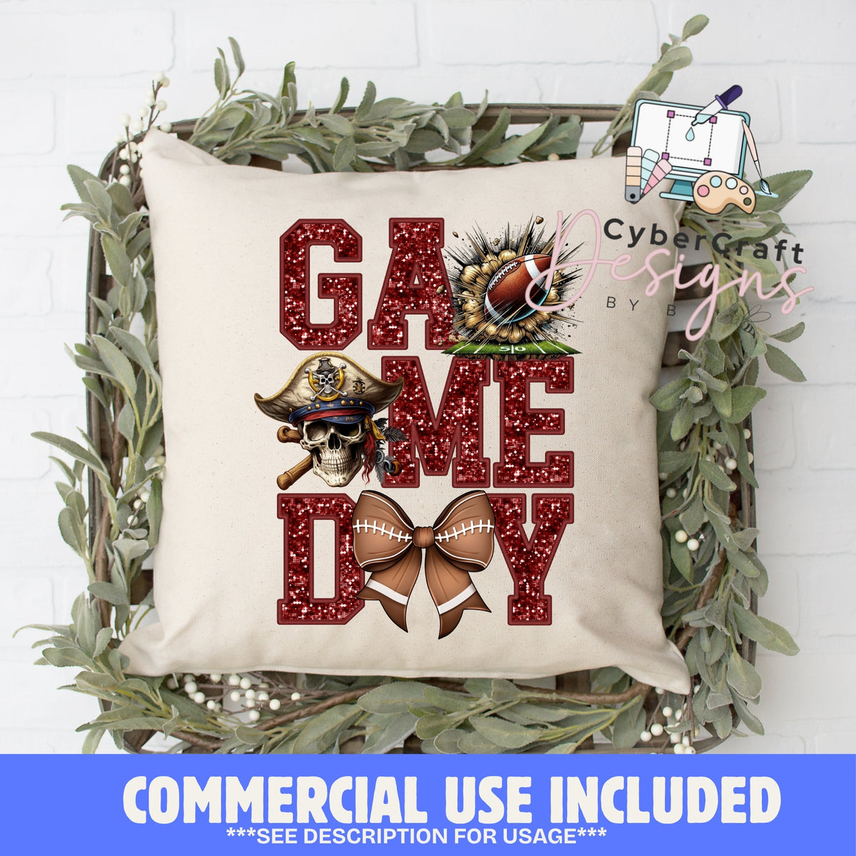 Digital PNG design displayed on a decorative pillow mockup showing one of many possible finished product applications.