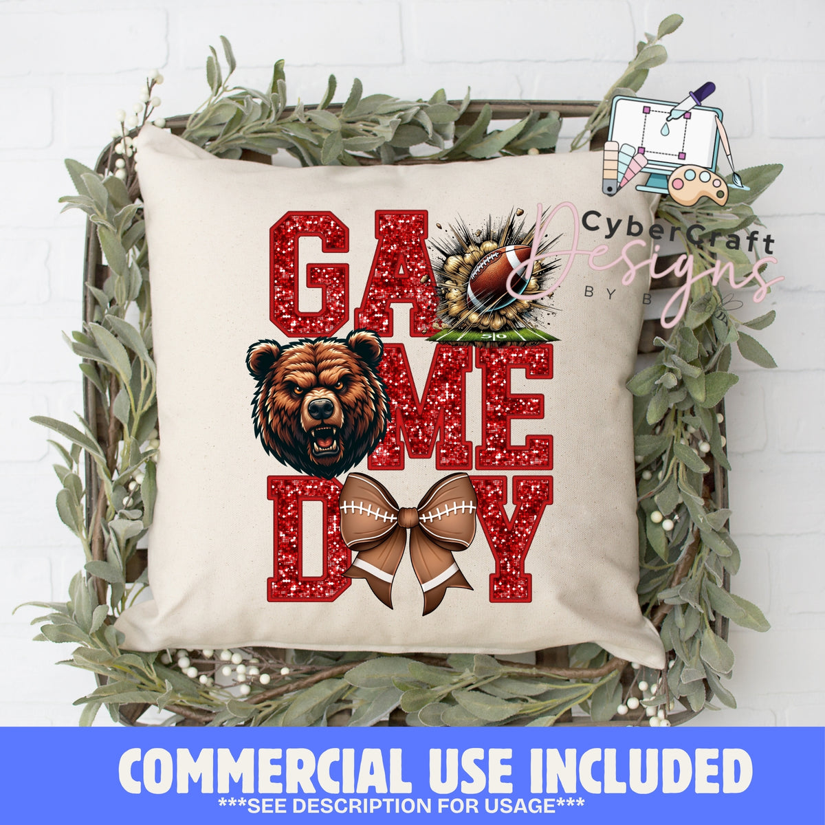 Digital PNG design displayed on a decorative pillow mockup showing one of many possible finished product applications.