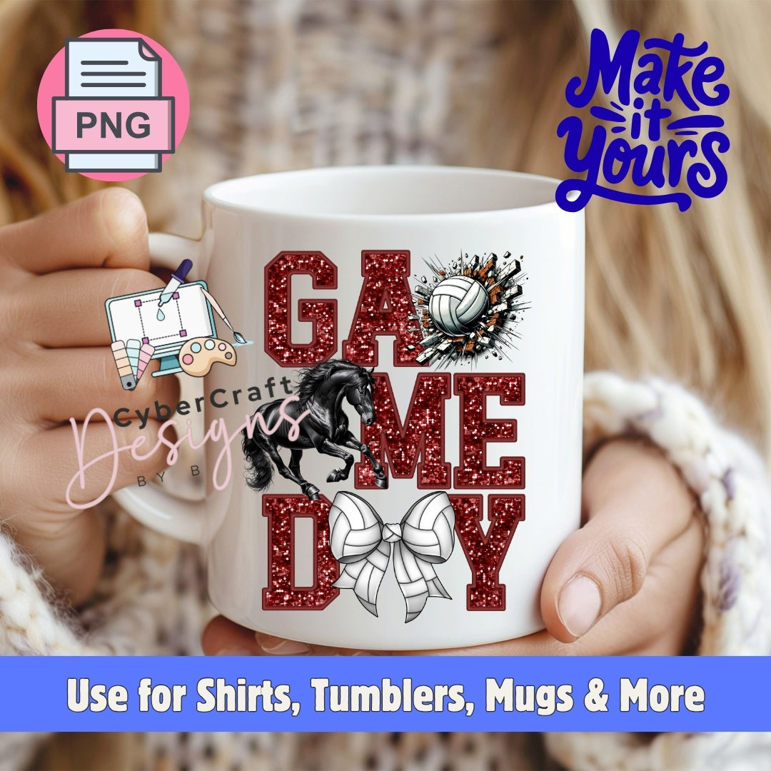A white ceramic mug held by two hands, featuring a 'GAME DAY' design with glittery red letters, a black horse, a volleyball, and a white bow. The image includes 'PNG' and 'Make it Yours' watermarks, and a blue banner at the bottom reads 'Use for Shirts, Tumblers, Mugs & More'.
