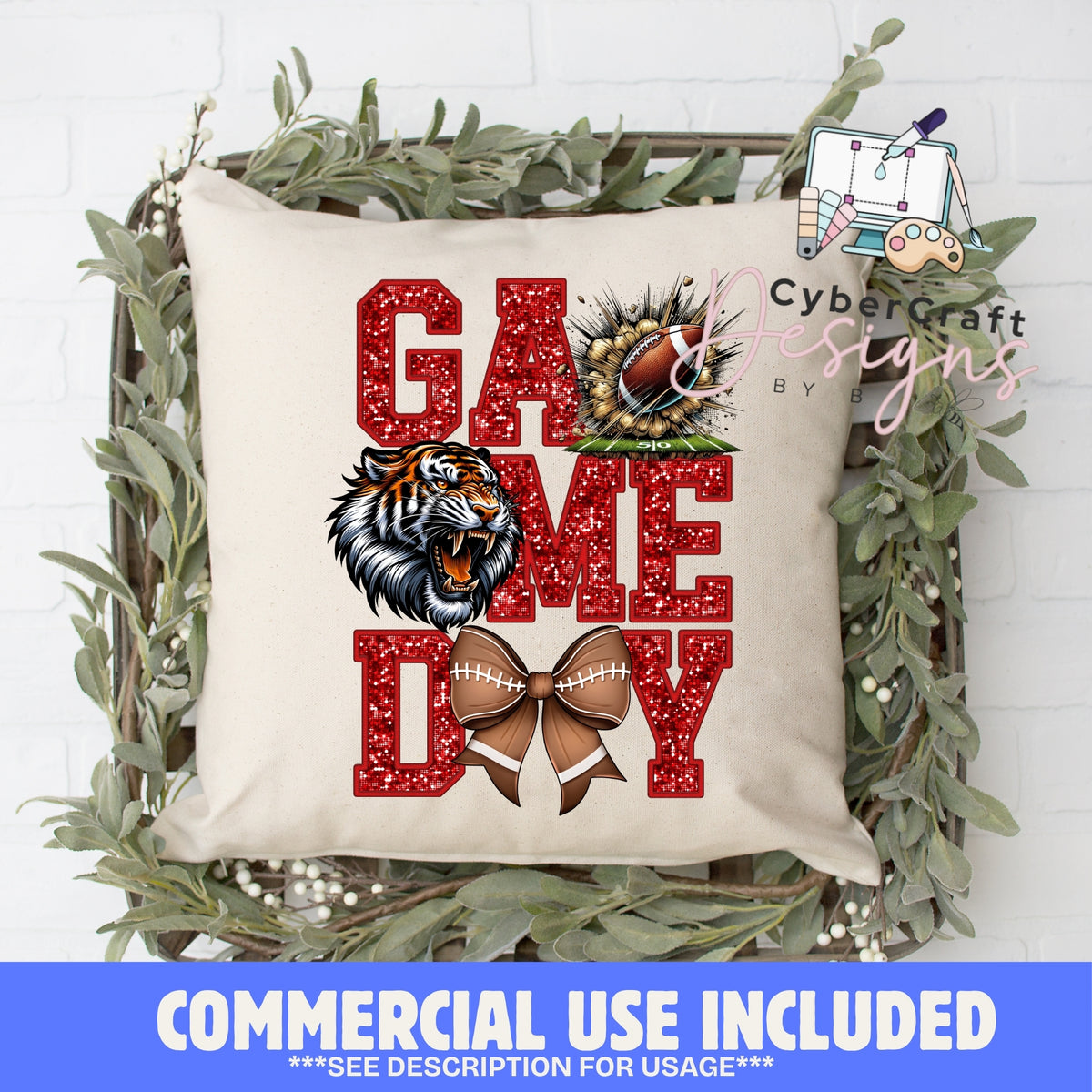 Digital PNG design displayed on a decorative pillow mockup showing one of many possible finished product applications.