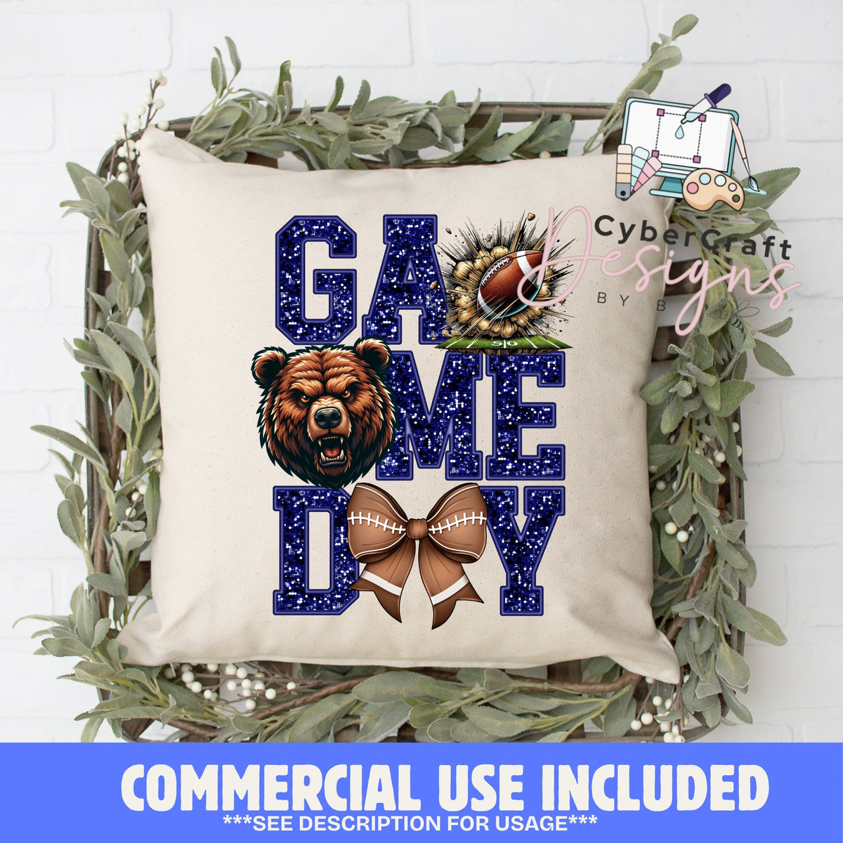 Digital PNG design displayed on a decorative pillow mockup showing one of many possible finished product applications.