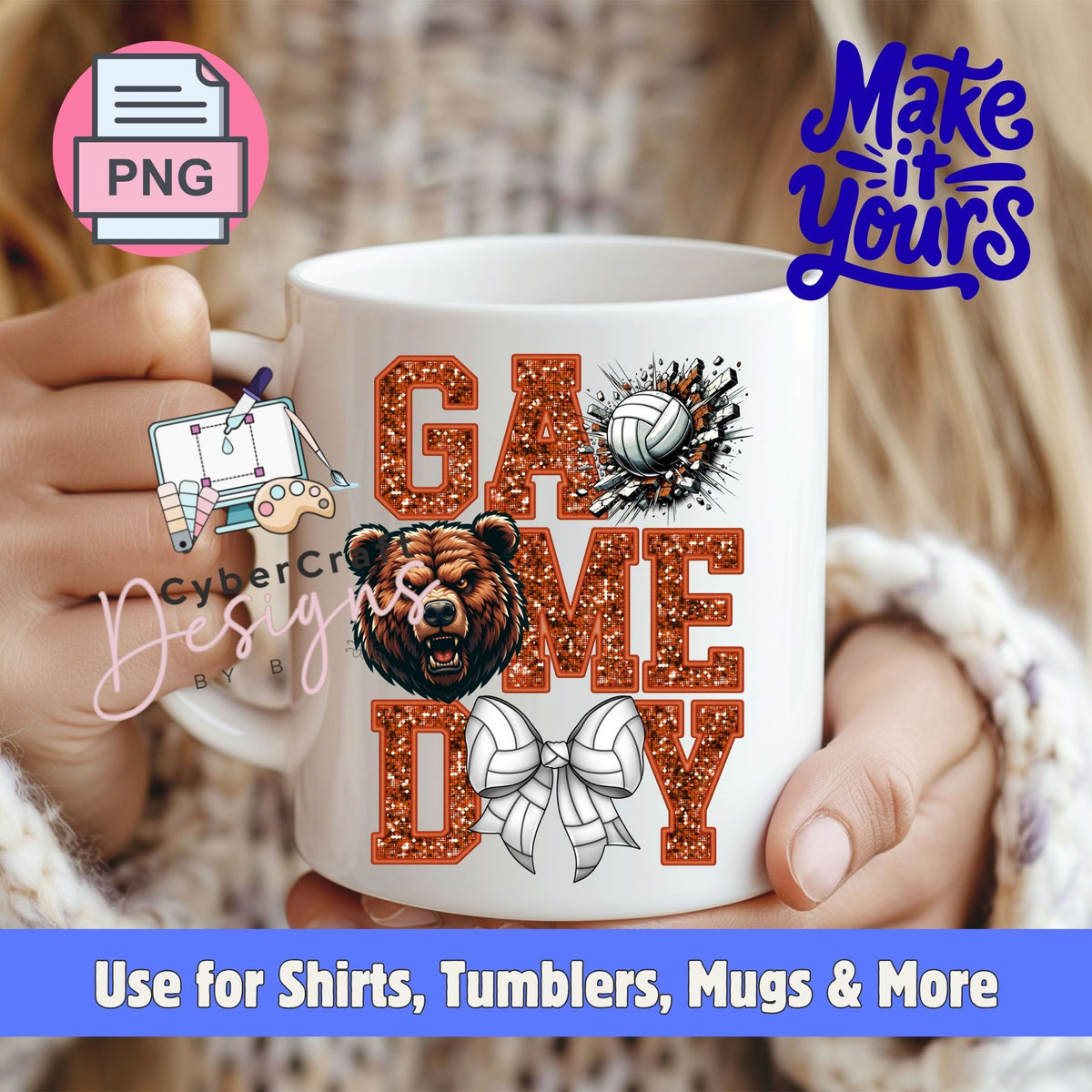 A white ceramic mug held by two hands, featuring a 'Game Day' design with glittery orange letters, a brown bear face, a white volleyball, and a white bow. The background shows a blurred person wearing a knit sweater, with promotional text overlays.