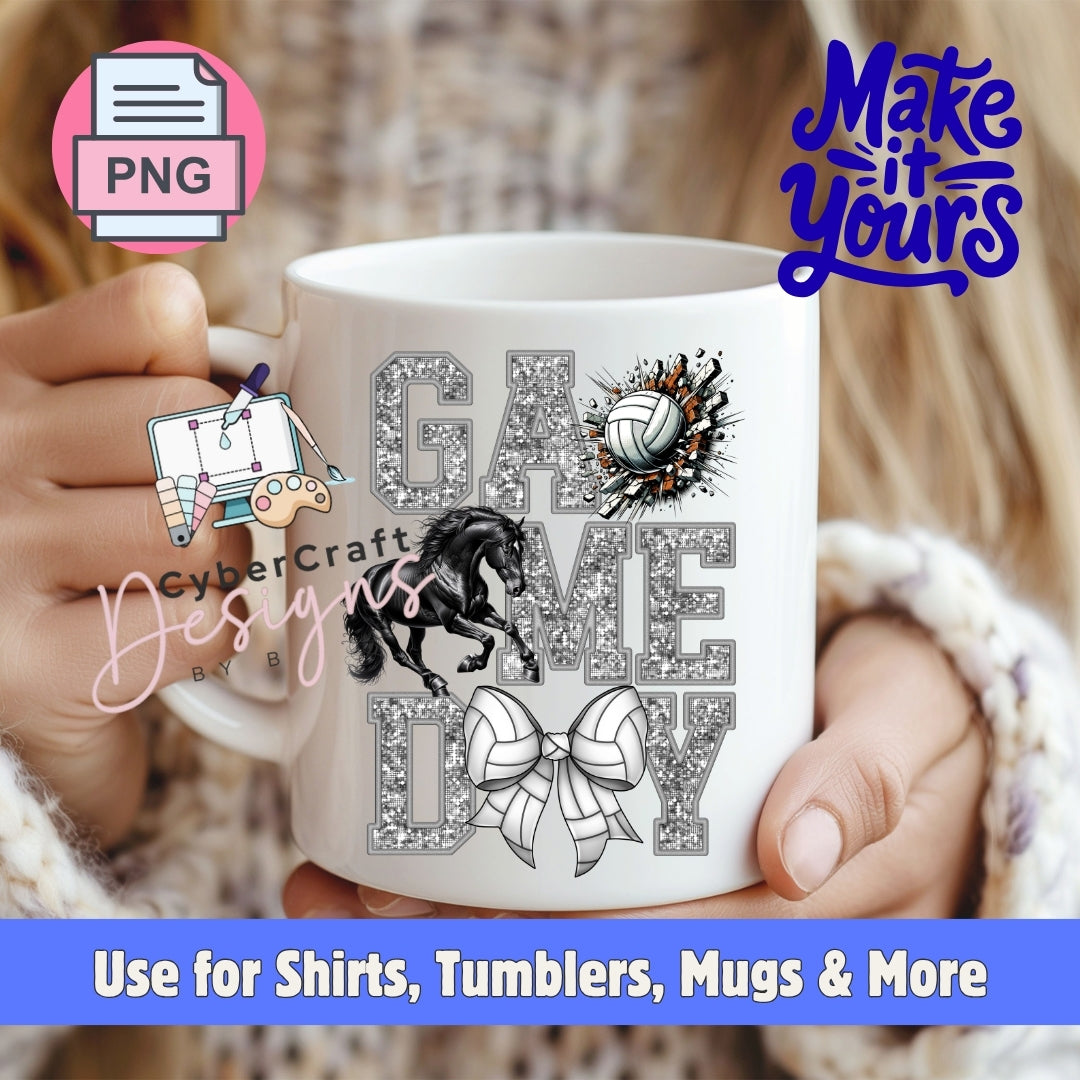 A white ceramic mug held by two hands, featuring a 'Game Day' design with glitter-textured letters, a black horse, a volleyball, and a bow. The image includes promotional overlays for 'CyberCraft Designs' and 'Make it Yours'.
