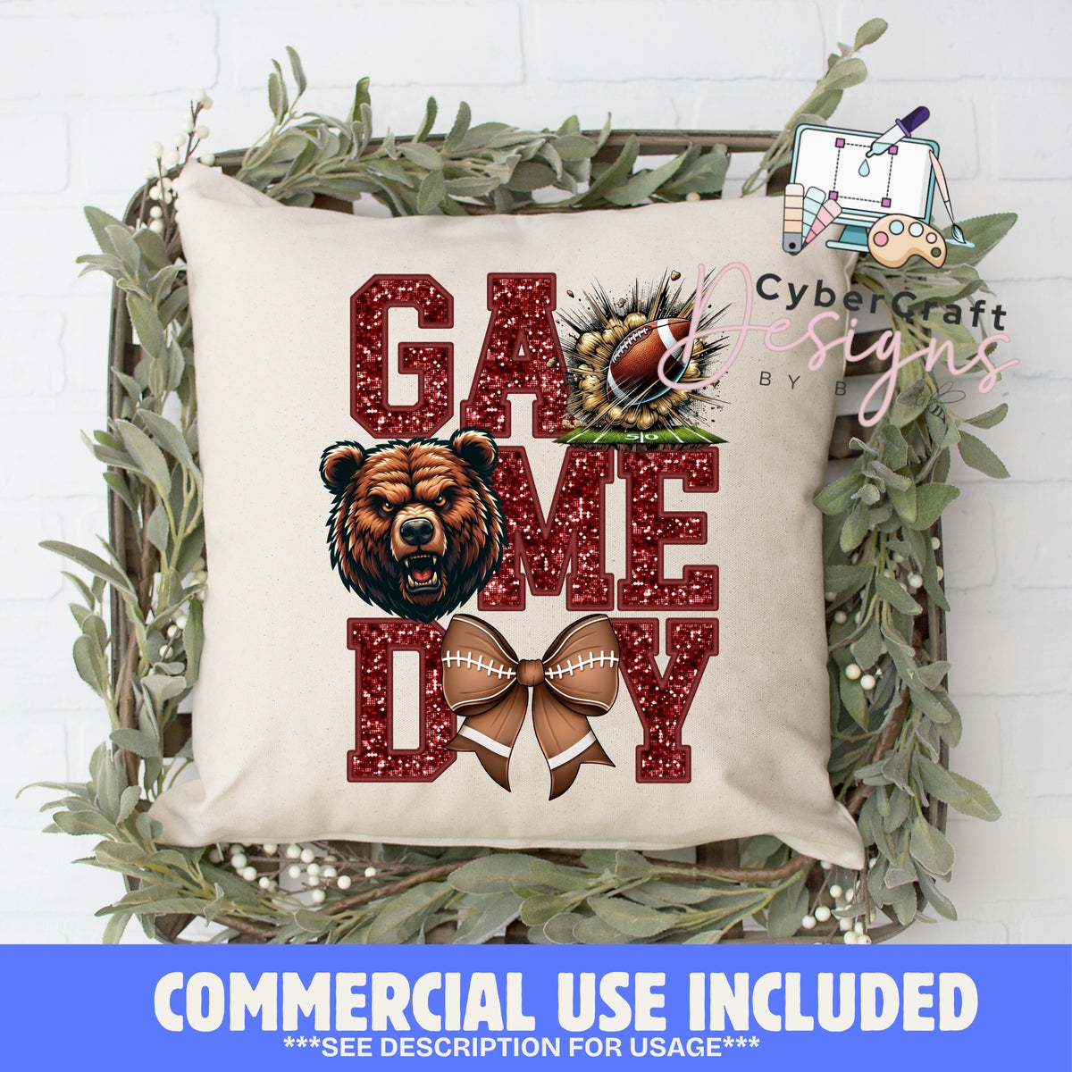 Digital PNG design displayed on a decorative pillow mockup showing one of many possible finished product applications.
