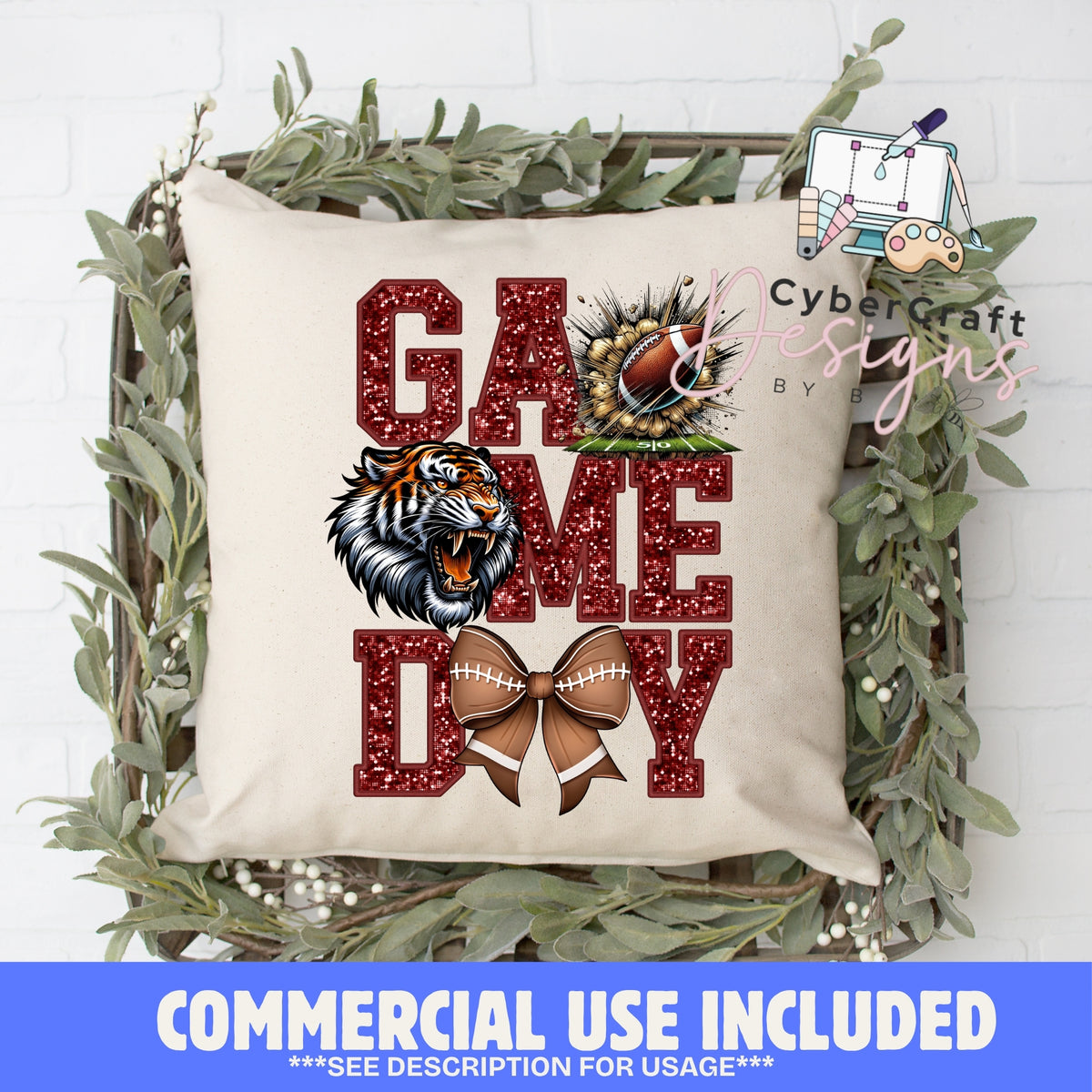 Digital PNG design displayed on a decorative pillow mockup showing one of many possible finished product applications.