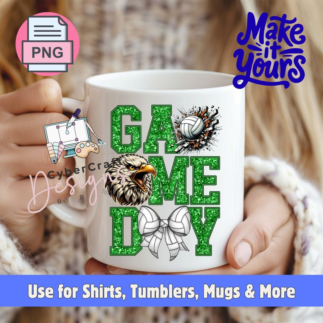 A white ceramic mug held by two hands, featuring a green glitter-textured 'GAME TIME' design with a volleyball, eagle head, and bow tie graphic. The image includes promotional overlays for 'PNG' and 'Make it Yours' with a blue banner at the bottom stating 'Use for Shirts, Tumblers, Mugs & More'.