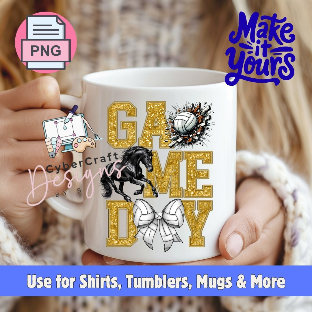 A white ceramic mug held by two hands, featuring a custom graphic design with the words 'GAME TIME' in glittery gold letters, a black horse, a volleyball, and a white bow. The background shows a blurred indoor setting with a person wearing a knit sweater.