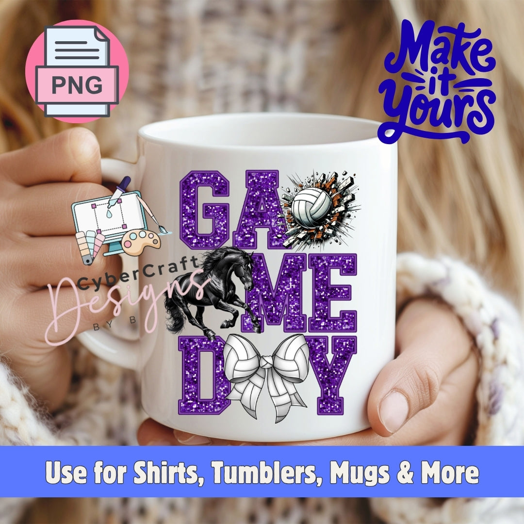 A white ceramic mug held by two hands, featuring a purple glitter-style 'GAME TIME' design with a black horse silhouette, white volleyball, and white bow graphic. The background shows a blurred indoor setting with a person wearing a knit sweater.
