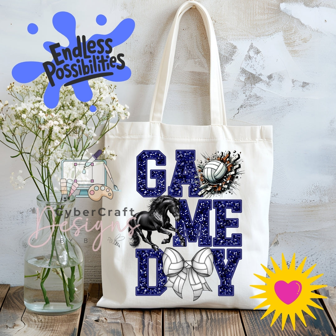 A cream canvas tote bag with 'GAME ME DAY' printed in navy blue glitter-style letters, decorated with a black horse, white bow, volleyball, and other sports graphics. The bag is displayed on a rustic wooden table next to a glass vase of white flowers, with decorative digital overlays including 'Endless Possibilities' and 'CyberCraft Designs'.