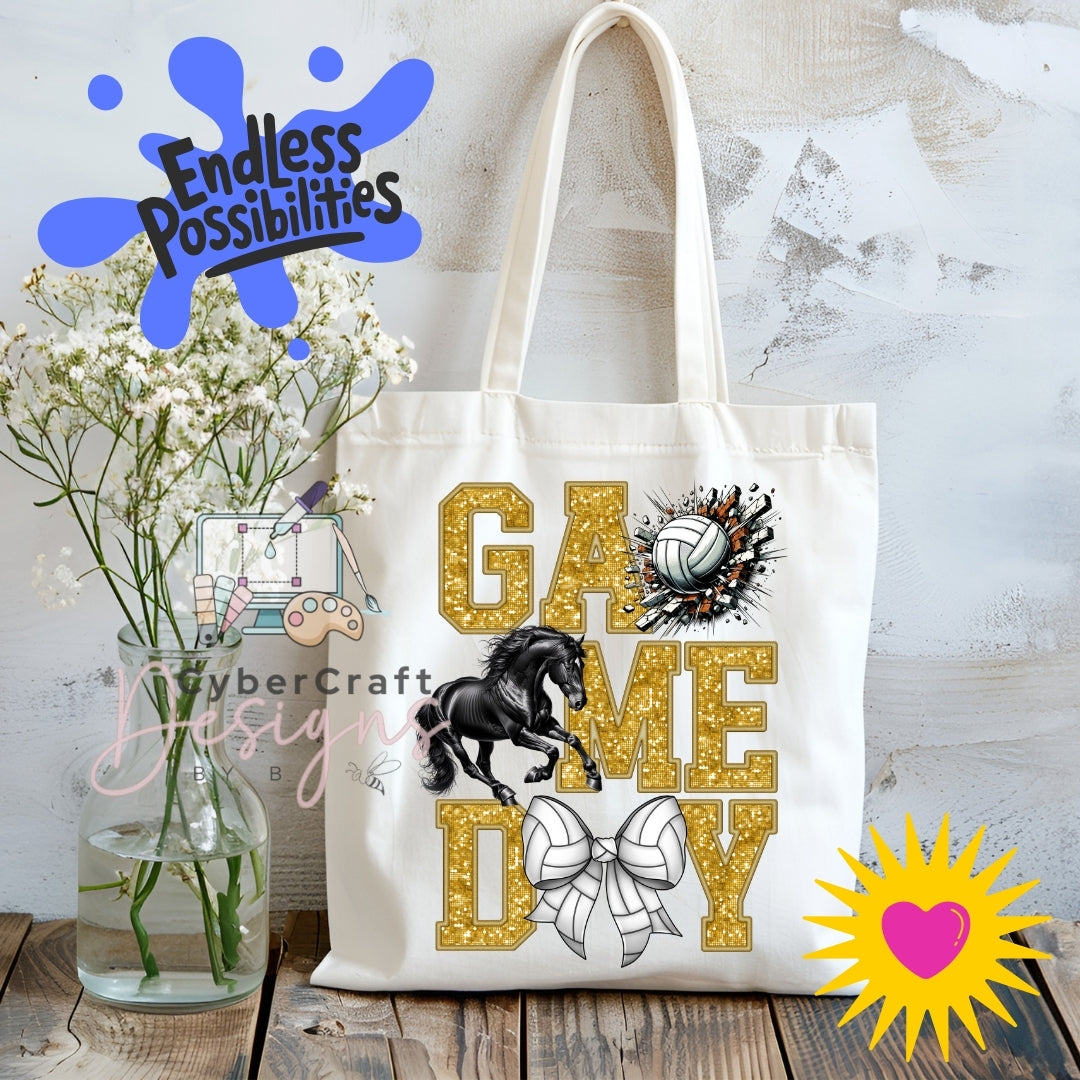 A cream canvas tote bag with 'GAME DAY' printed in glittery gold letters, featuring a black horse, white volleyball, and bow graphic. The bag is displayed on a rustic wooden table next to a glass vase of white flowers, with decorative digital overlays including 'Endless Possibilities' and 'CyberCraft Designs'.