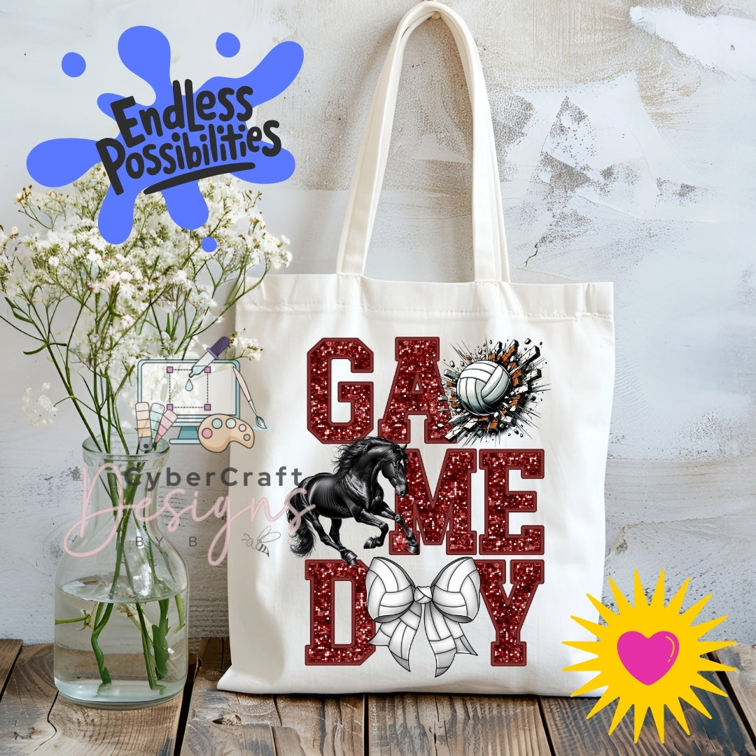 A white canvas tote bag with a 'GAME DAY' graphic featuring red glitter-style letters, a black horse silhouette, a volleyball, and a bow. The bag is displayed on a rustic wooden table next to a glass vase of white flowers, with decorative digital overlays including 'Endless Possibilities' and 'CyberCraft Designs'.