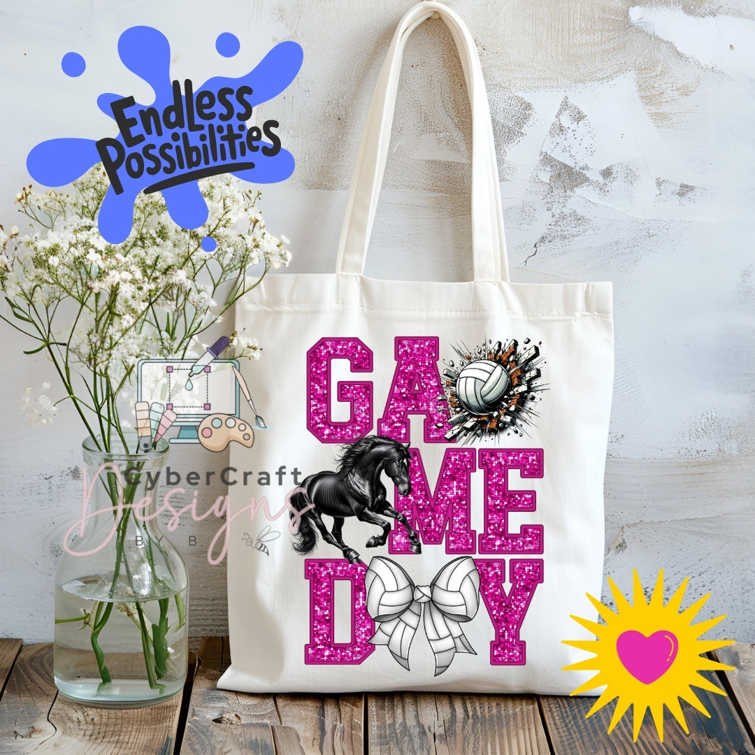 A white canvas tote bag with 'GAME DAY' printed in glittery pink letters, decorated with a black horse, white volleyball, and bow graphic. The bag is displayed on a rustic wooden table next to a glass vase of white flowers, with a blue 'Endless Possibilities' logo overlay in the top left.
