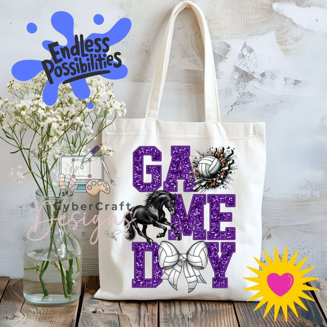 A white canvas tote bag with purple glitter-style 'GAME DAY' lettering, a black horse silhouette, a volleyball graphic, and a white bow illustration, displayed on a rustic wooden surface with flowers and decorative overlays.