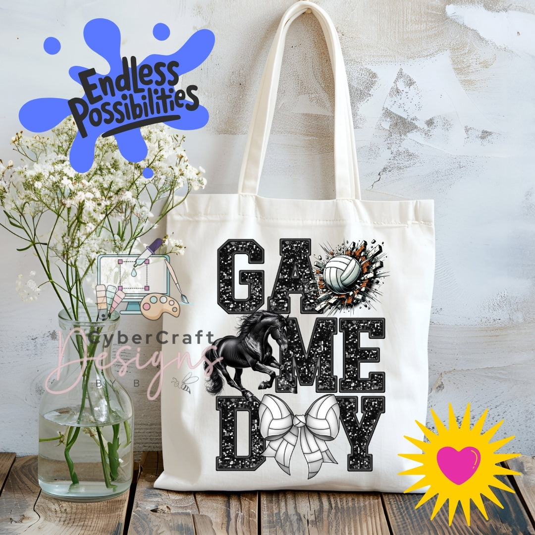 A cream canvas tote bag with a 'GAME DAY' graphic featuring a black horse, volleyball, and bow, displayed on a rustic wooden table next to a vase of white flowers. The bag has 'Endless Possibilities' and 'CyberCraft Designs' watermarks.