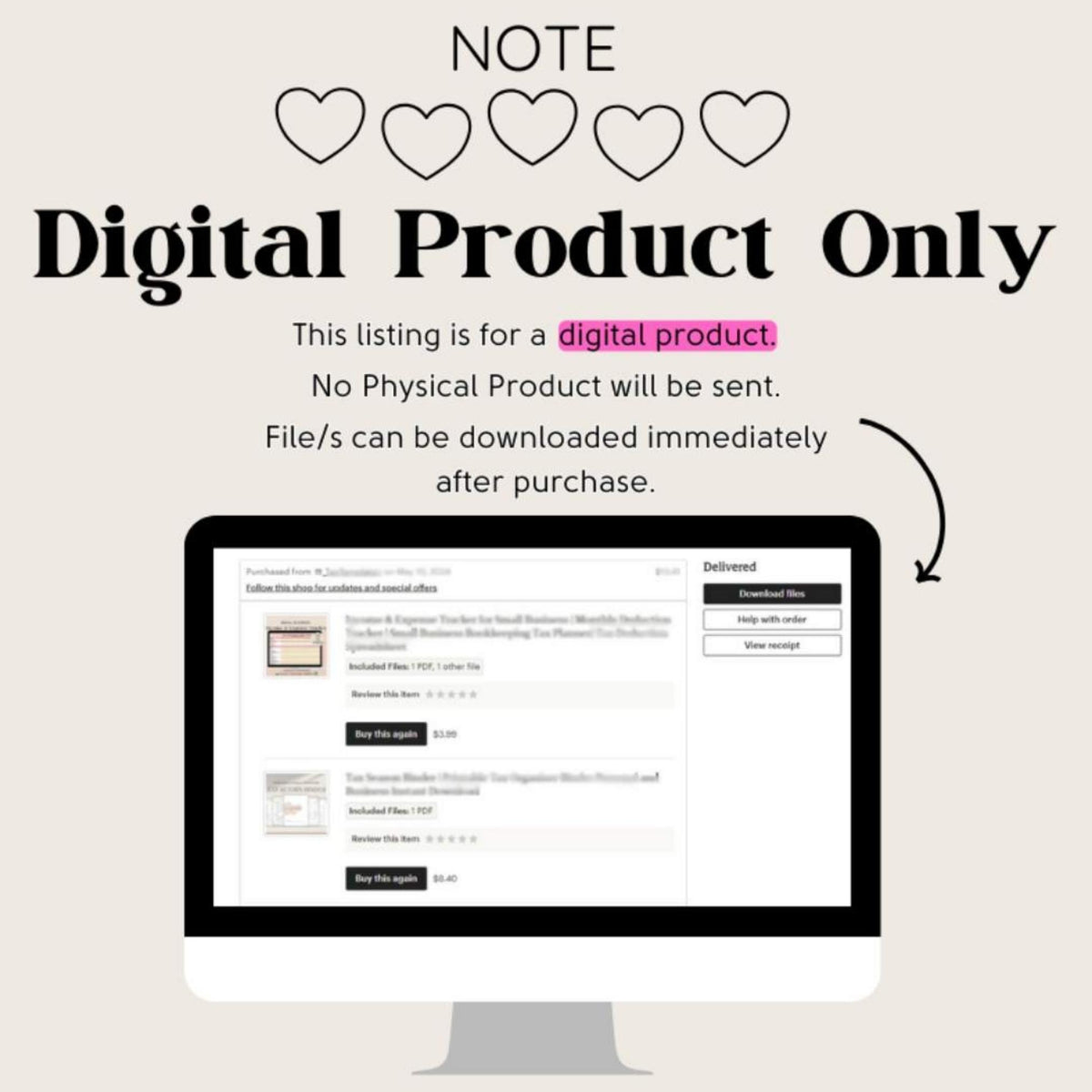 Digital product information explaining instant download and no physical item shipped.